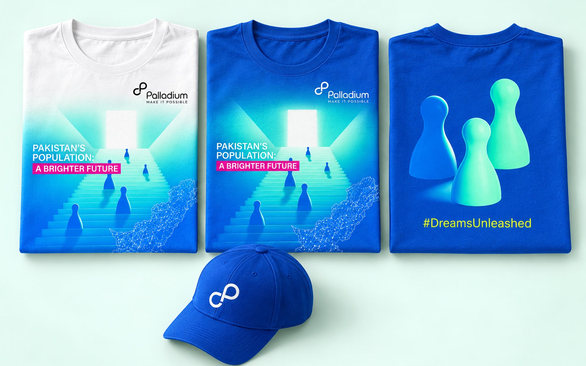 Crew clothing: a white T-shirt and a blue one with the key visual, a third showing three pawns and a hashtag on its back, and a blue cap