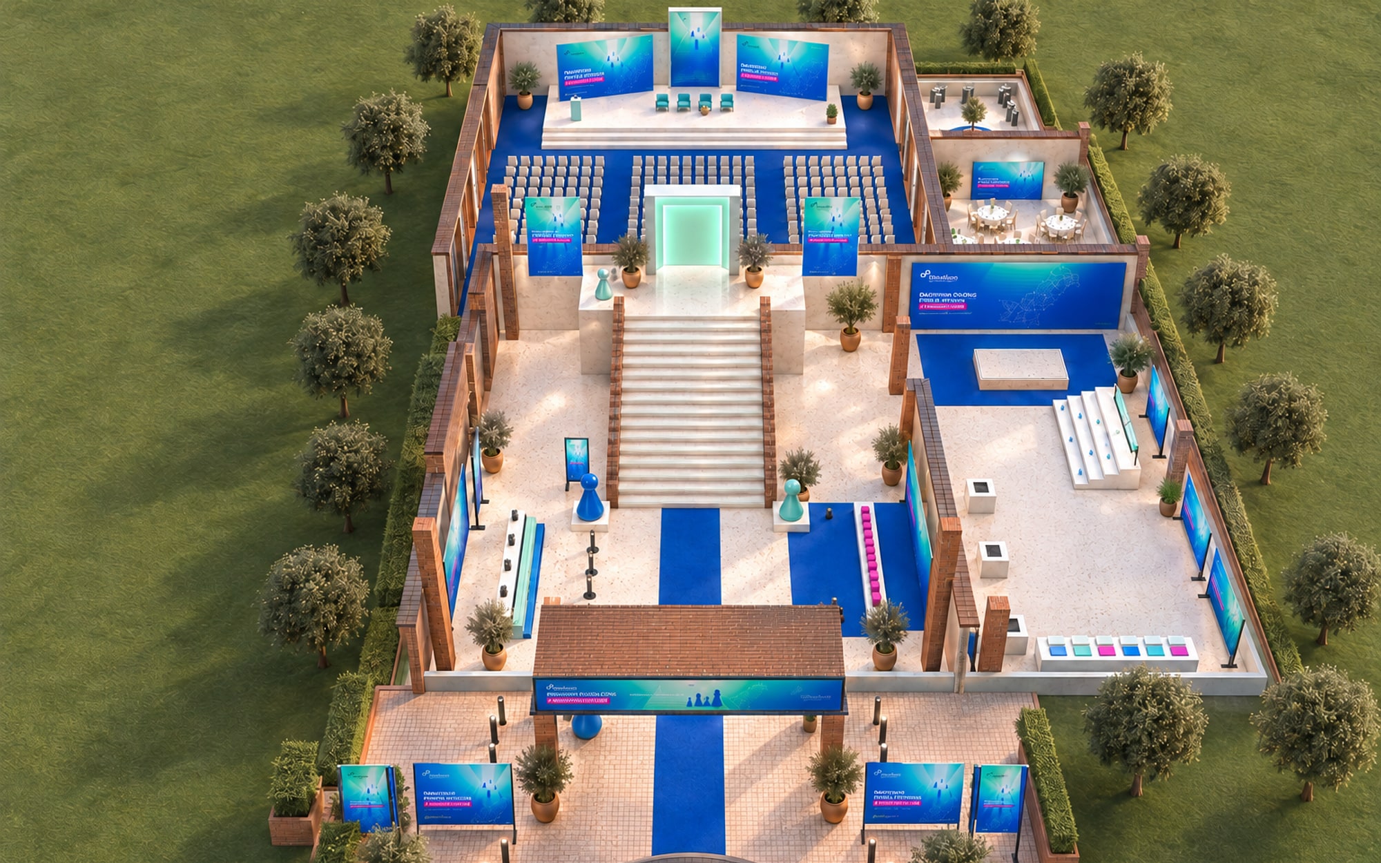 The venue from above the entrance, looking along the blue carpet, up the staircase and on to the stage