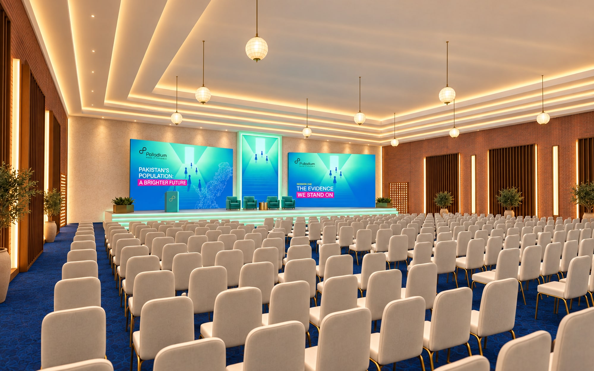 The same ballroom seen diagonally from a back corner, brick walls with perforated screens, three blocks of chairs and two aisles