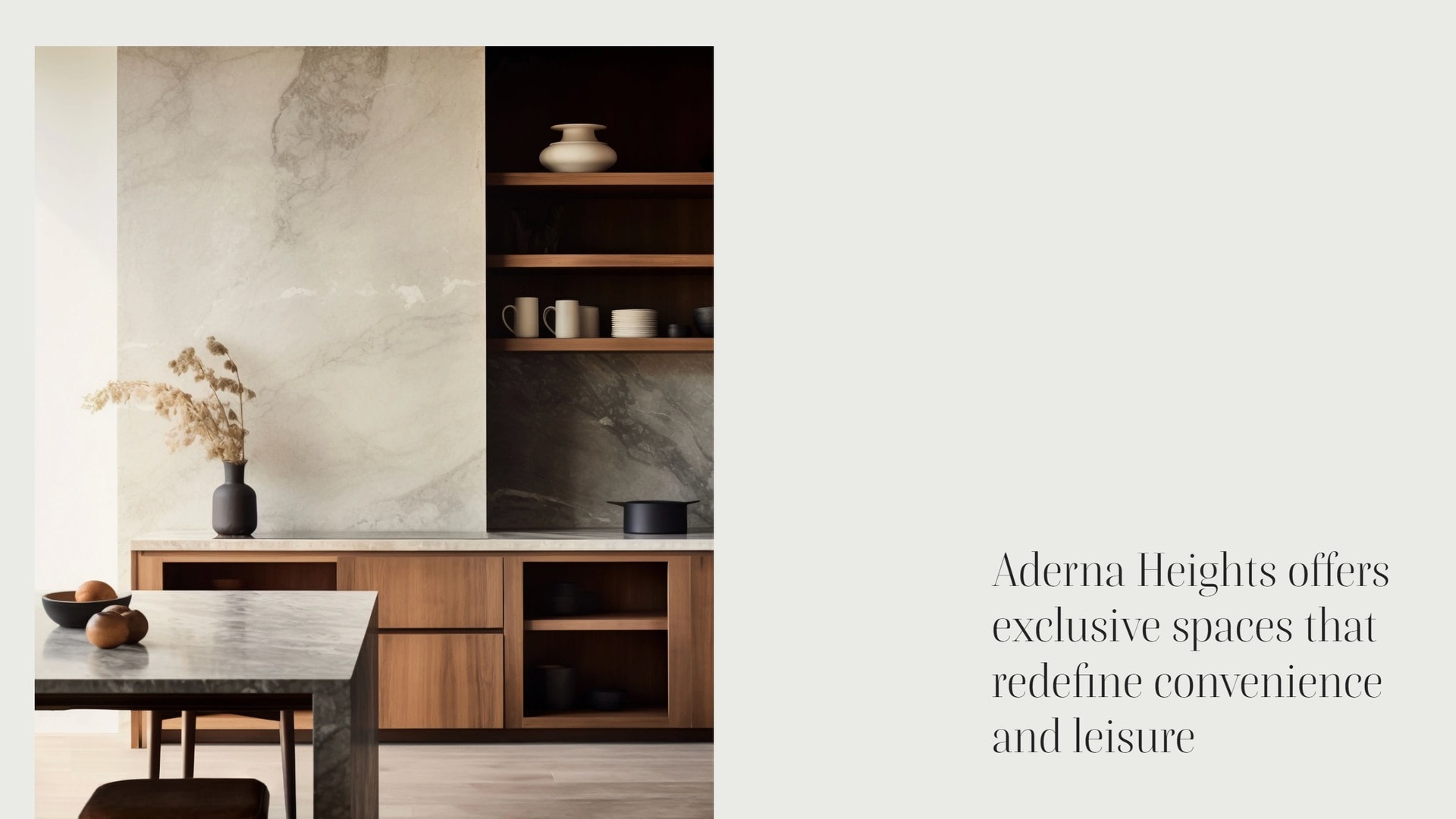 A kitchen photograph at the left and, at the right, a serif heading above a plain unbulleted list of four amenities