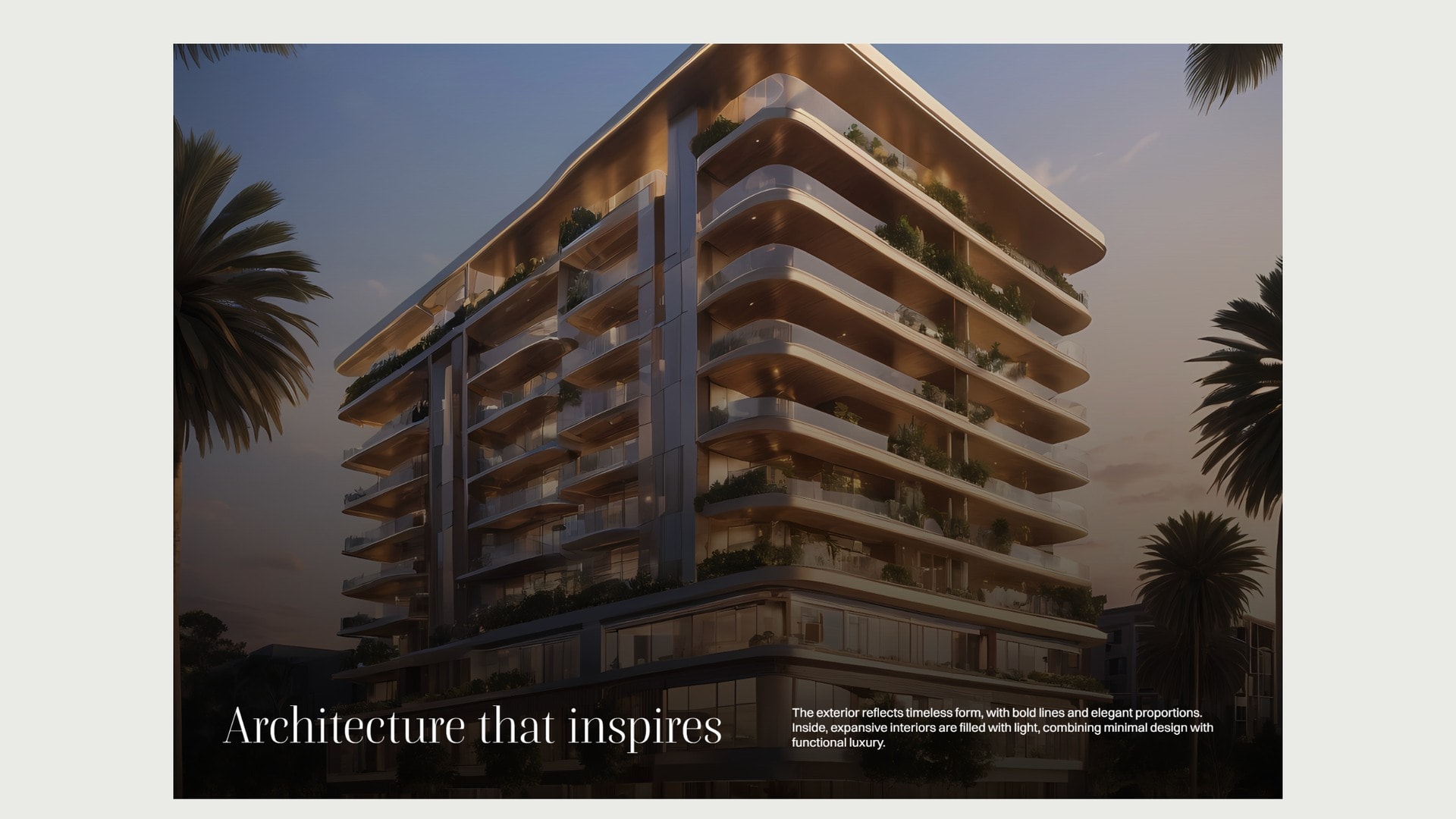 A curved residential tower photographed at dusk between palms, with the line 'Architecture that inspires' set across its lower left