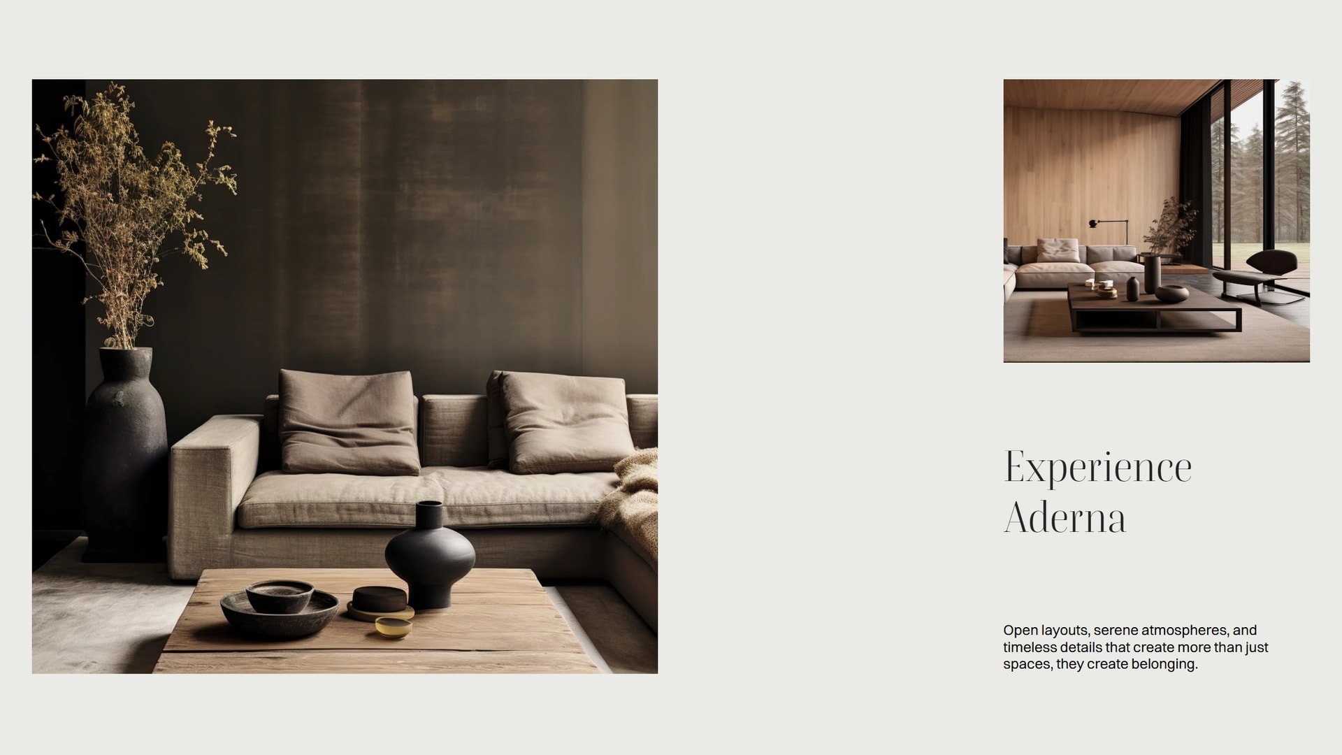 A large photograph of a dark linen sofa at the left of the page, with a smaller interior image and the heading 'Experience Aderna' answering it from the right