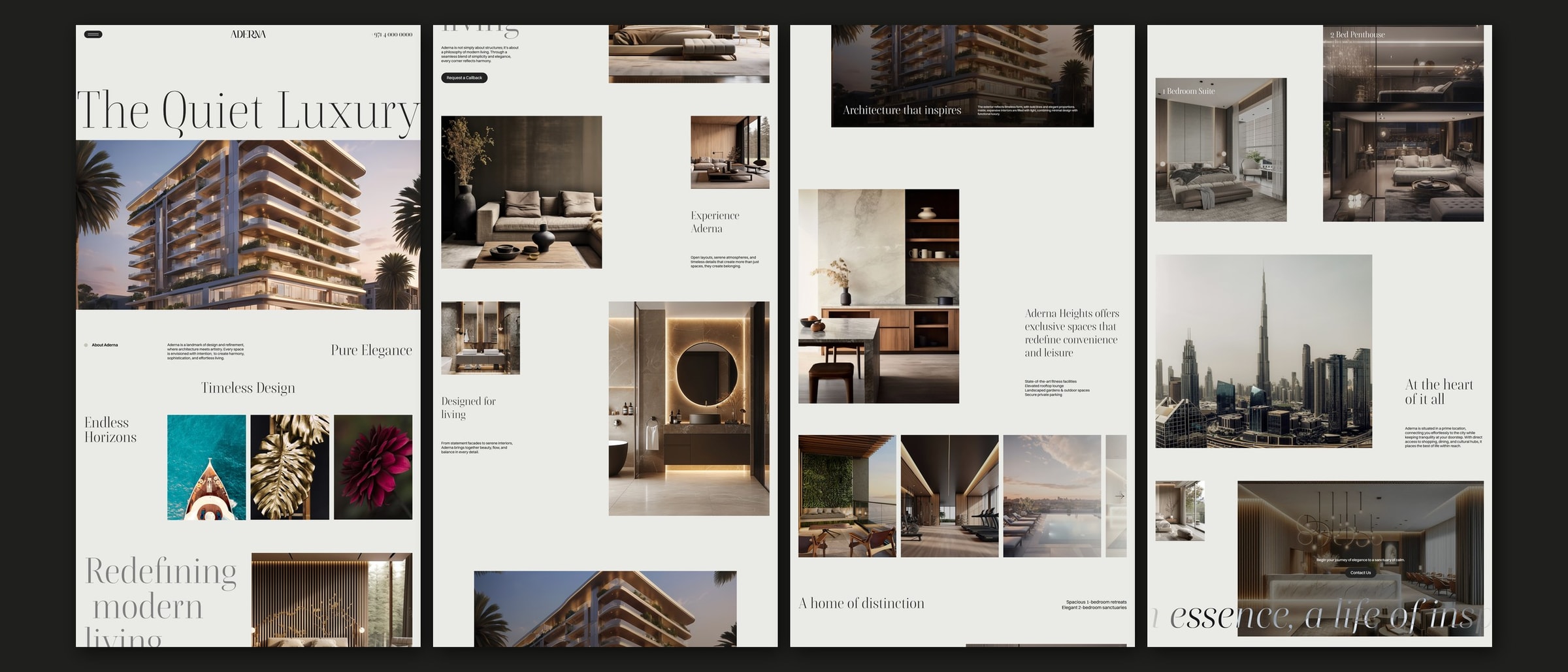The complete Aderna Heights homepage laid out as four tall columns on a dark background