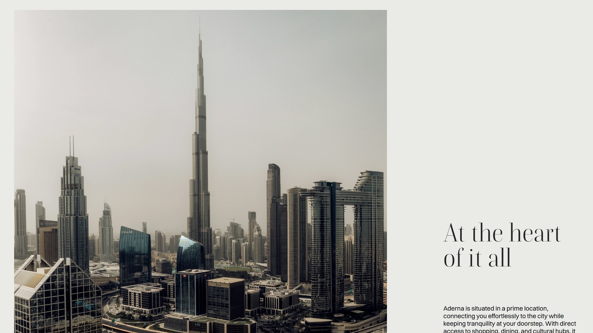 A city skyline photograph at the left with the heading 'At the heart of it all' and a short paragraph at the right