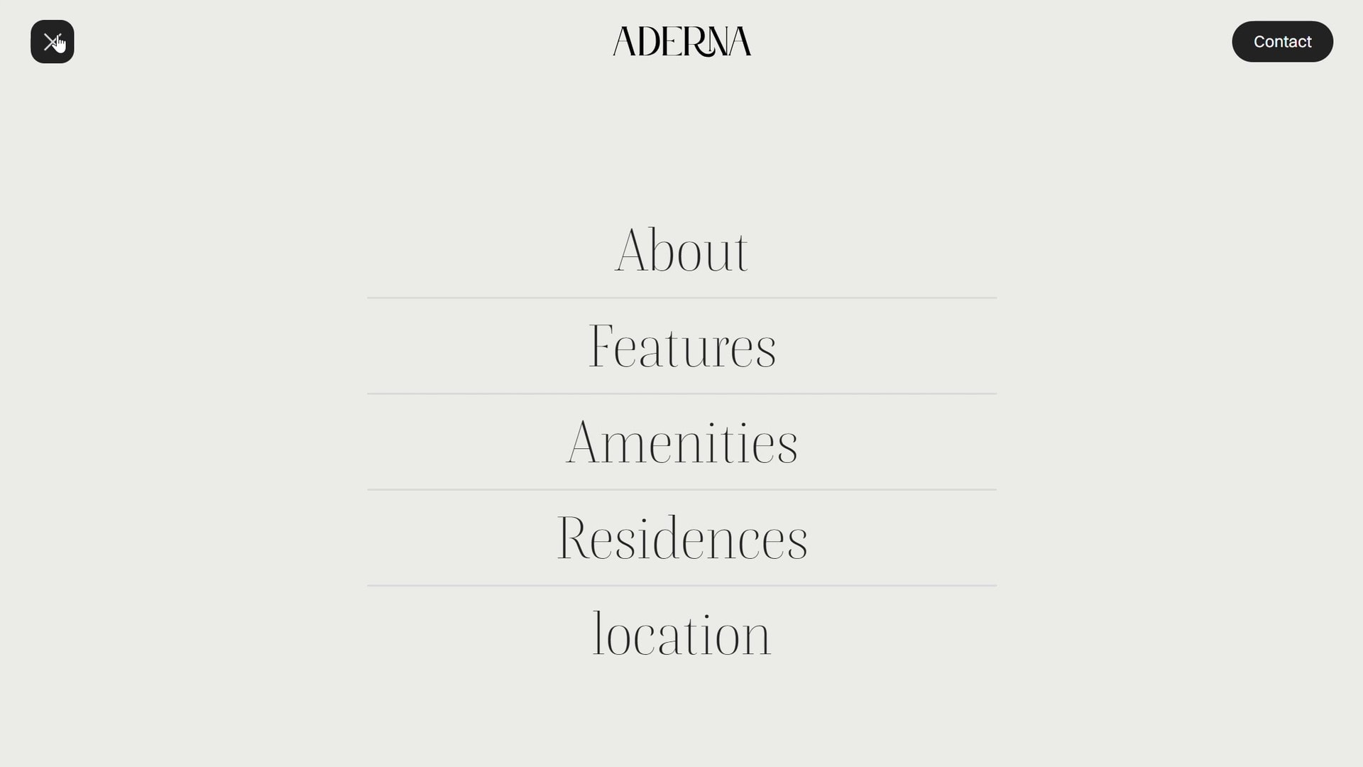 The full-screen navigation overlay: five serif menu items stacked and separated by hairline rules on an off-white ground