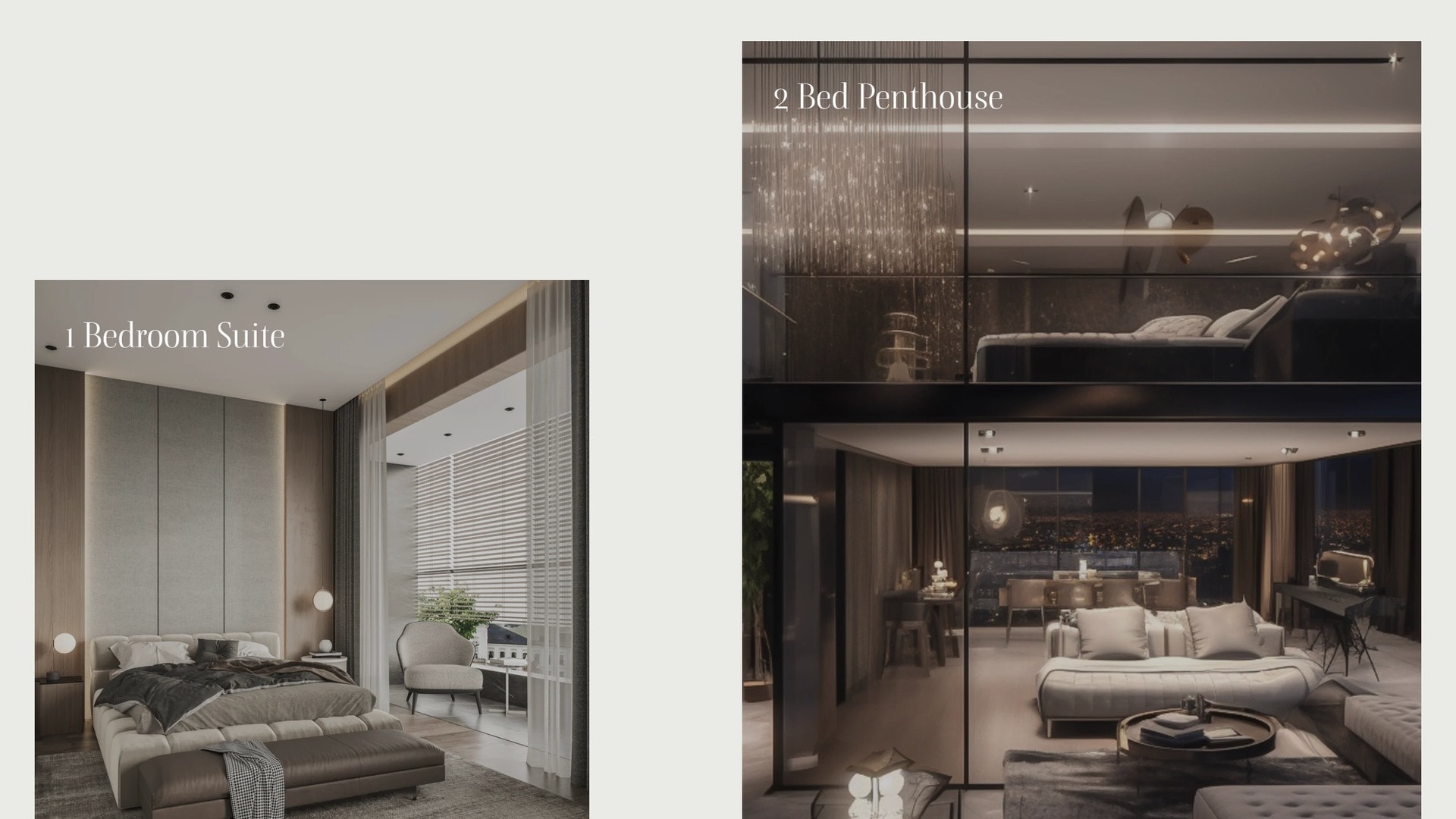 Two residence images side by side, labelled '1 Bedroom Suite' and '2 Bed Penthouse' in a serif set over the photographs