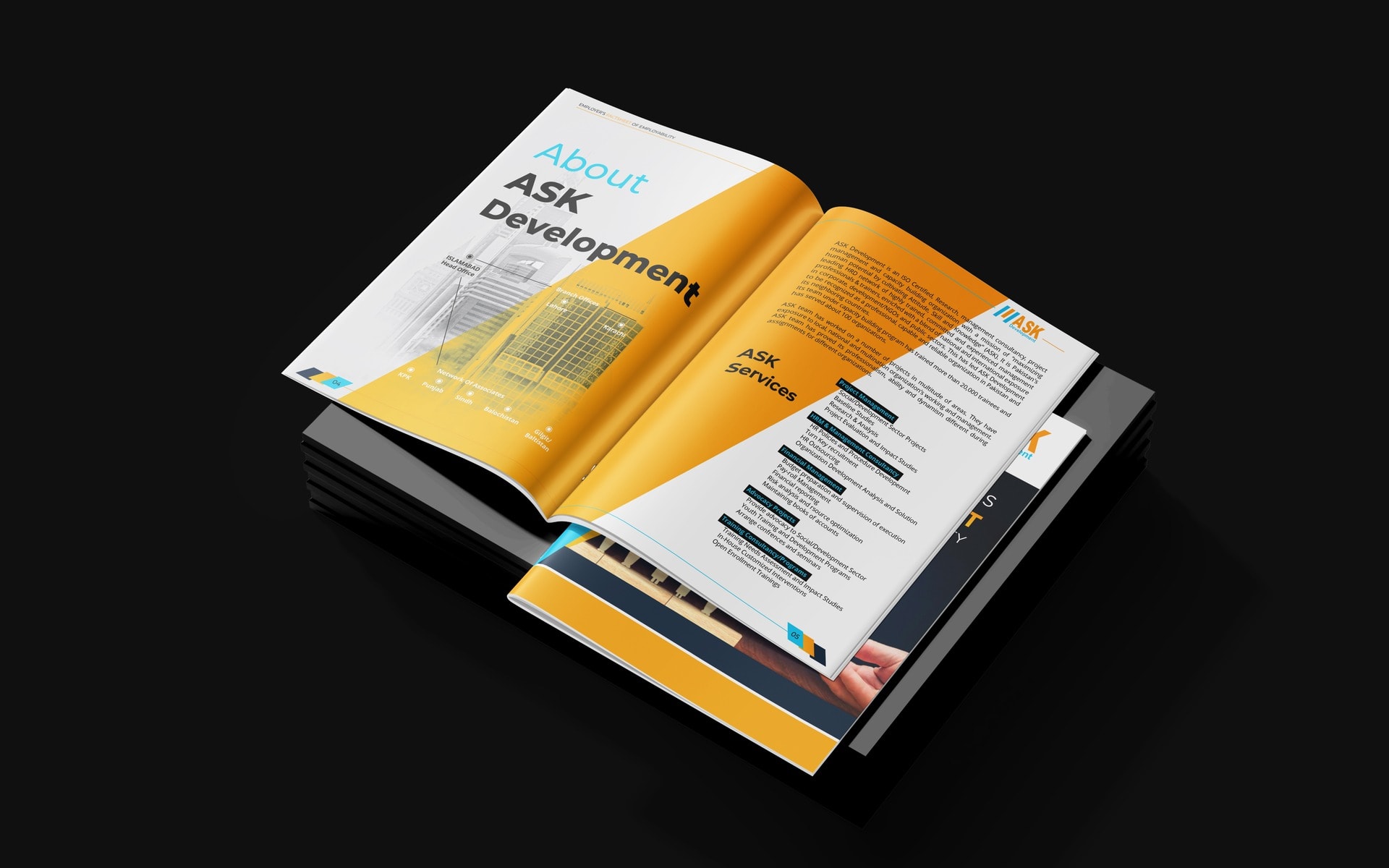 The report open at the About ASK Development spread, photographed at an angle above a stack of copies