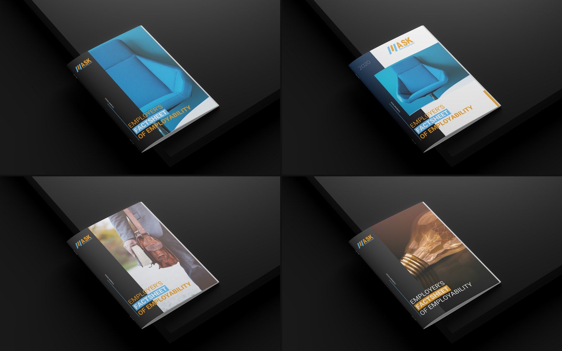 Four alternative cover designs for the report shown together, each photographed on a dark ground