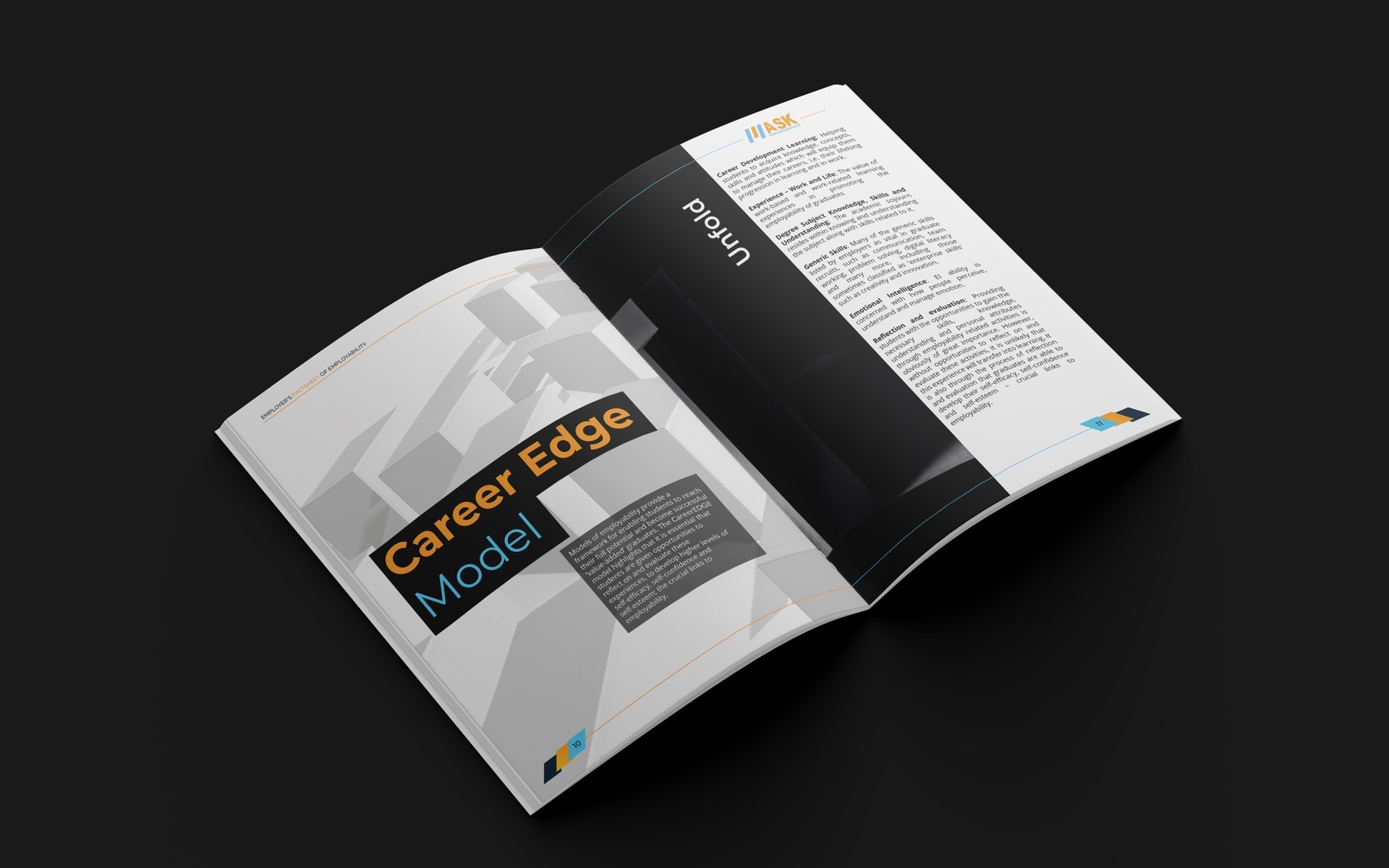 The report open at the dark Career Edge Model spread, photographed at an angle on a grey ground