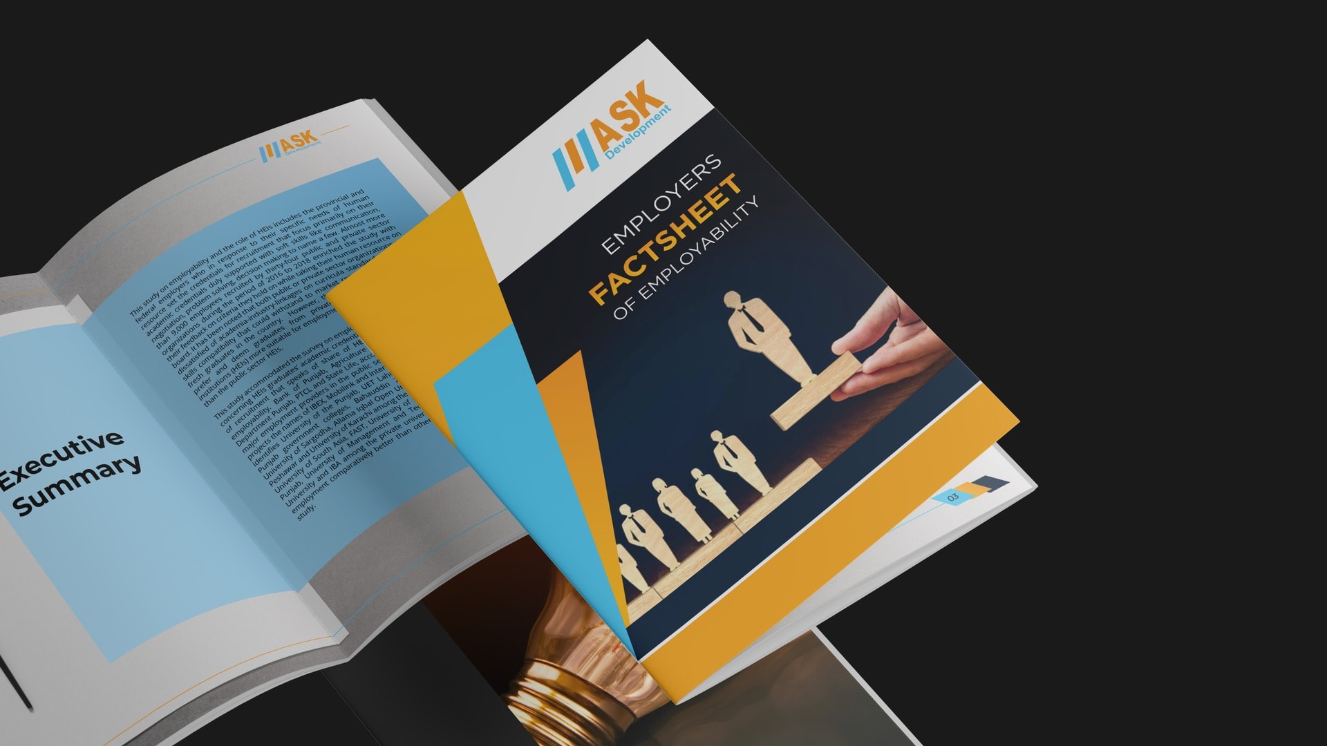 The printed report caught mid-air, the cover and an open Executive Summary spread against a dark ground