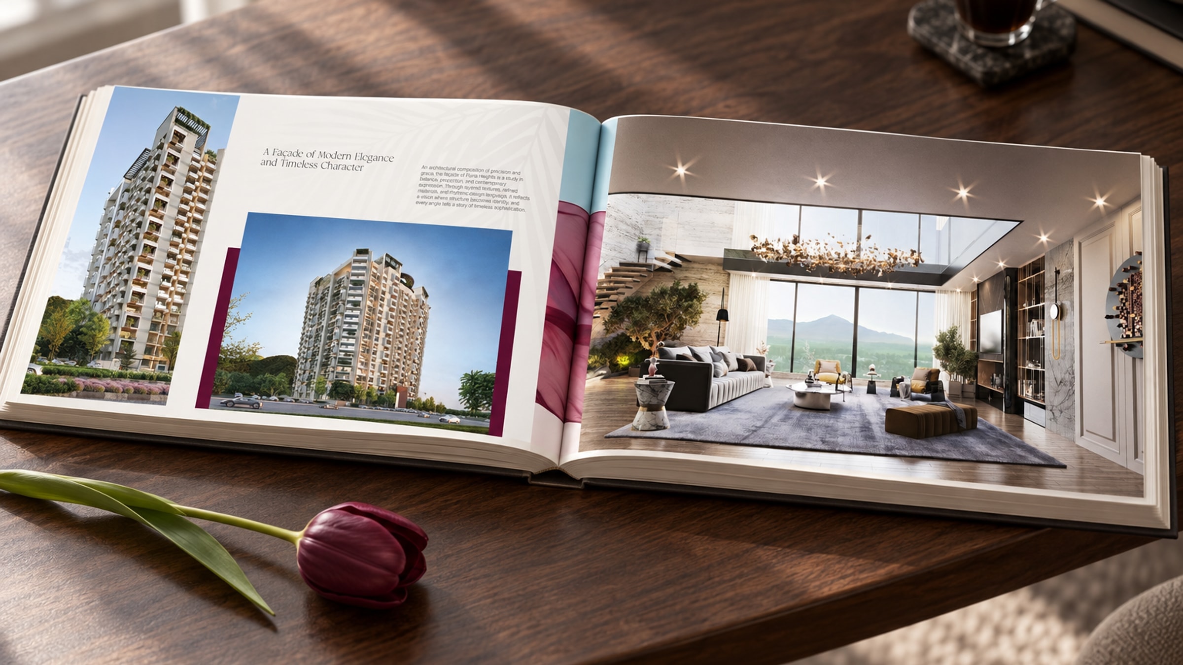The book open on a walnut table: the facade spread on the left page, the lobby lounge render on the right, a glass tulip beside it