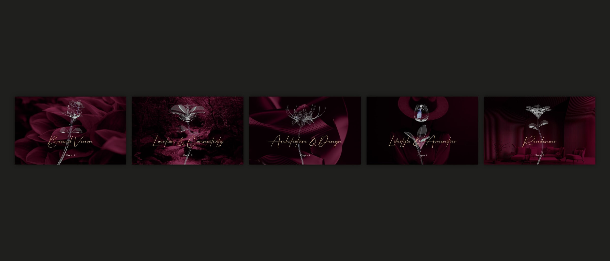 Five chapter opener pages in a row on a dark plate, each a glass flower on wine silk with a chapter title in script