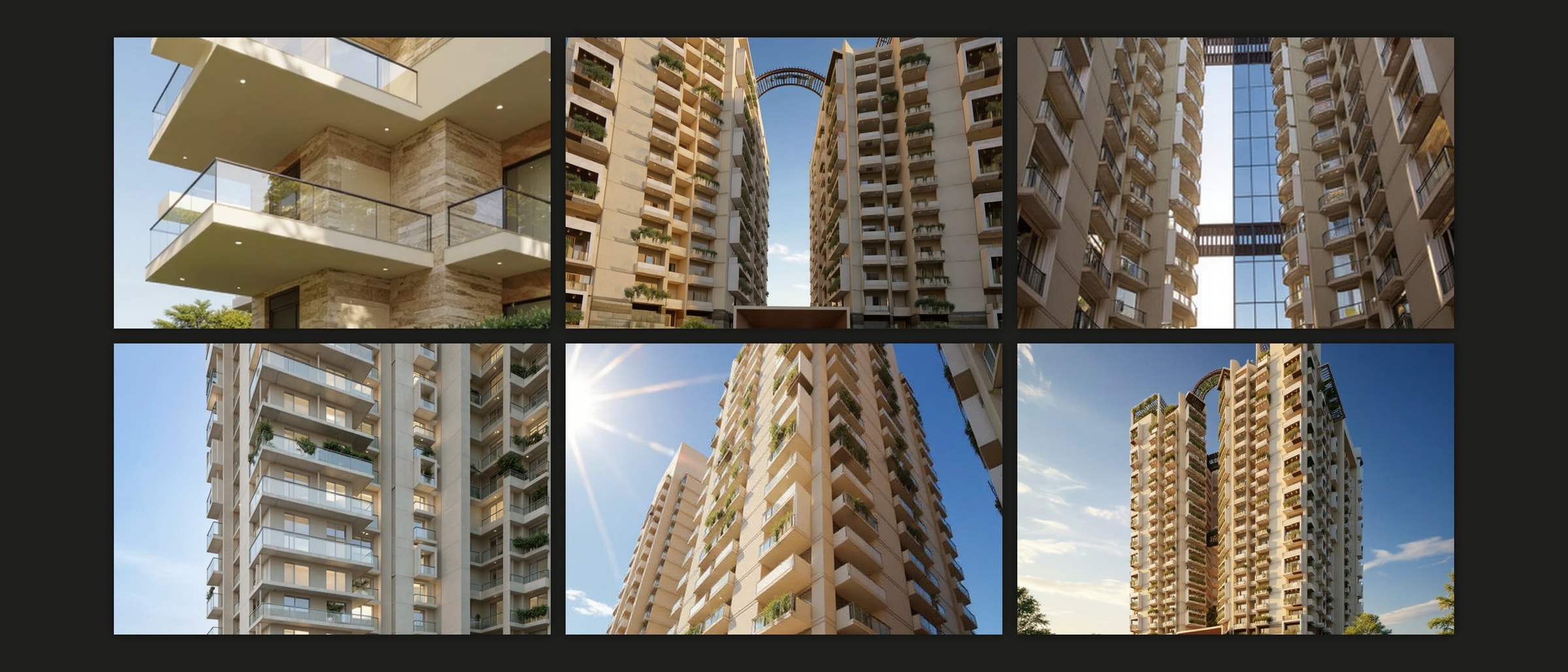 Six generated studies of the tower on a dark plate: a balcony corner, the gap between the towers, a worm's eye view, stacked balconies, an upward angle, the tower against sky