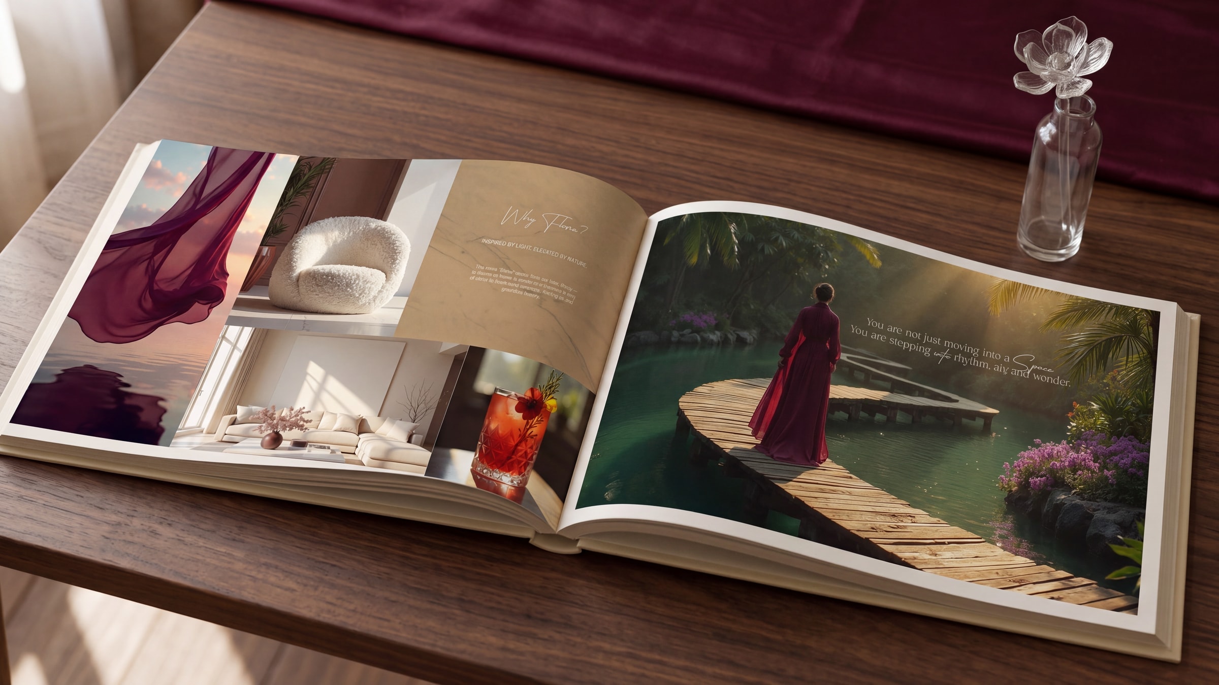 The book open on a walnut table at the Why Floria spread: wine silk beside an ivory boucle chair on the left page, a woman in a wine dress on a boardwalk on the right