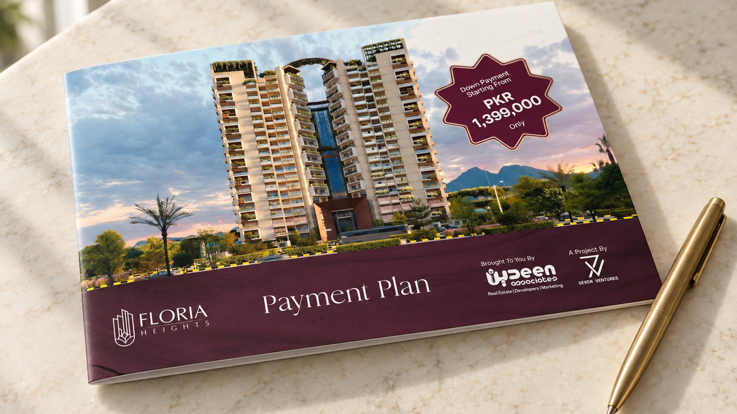 The payment plan folder closed on a marble counter: the tower render above a wine band with the Floria Heights mark and the words Payment Plan