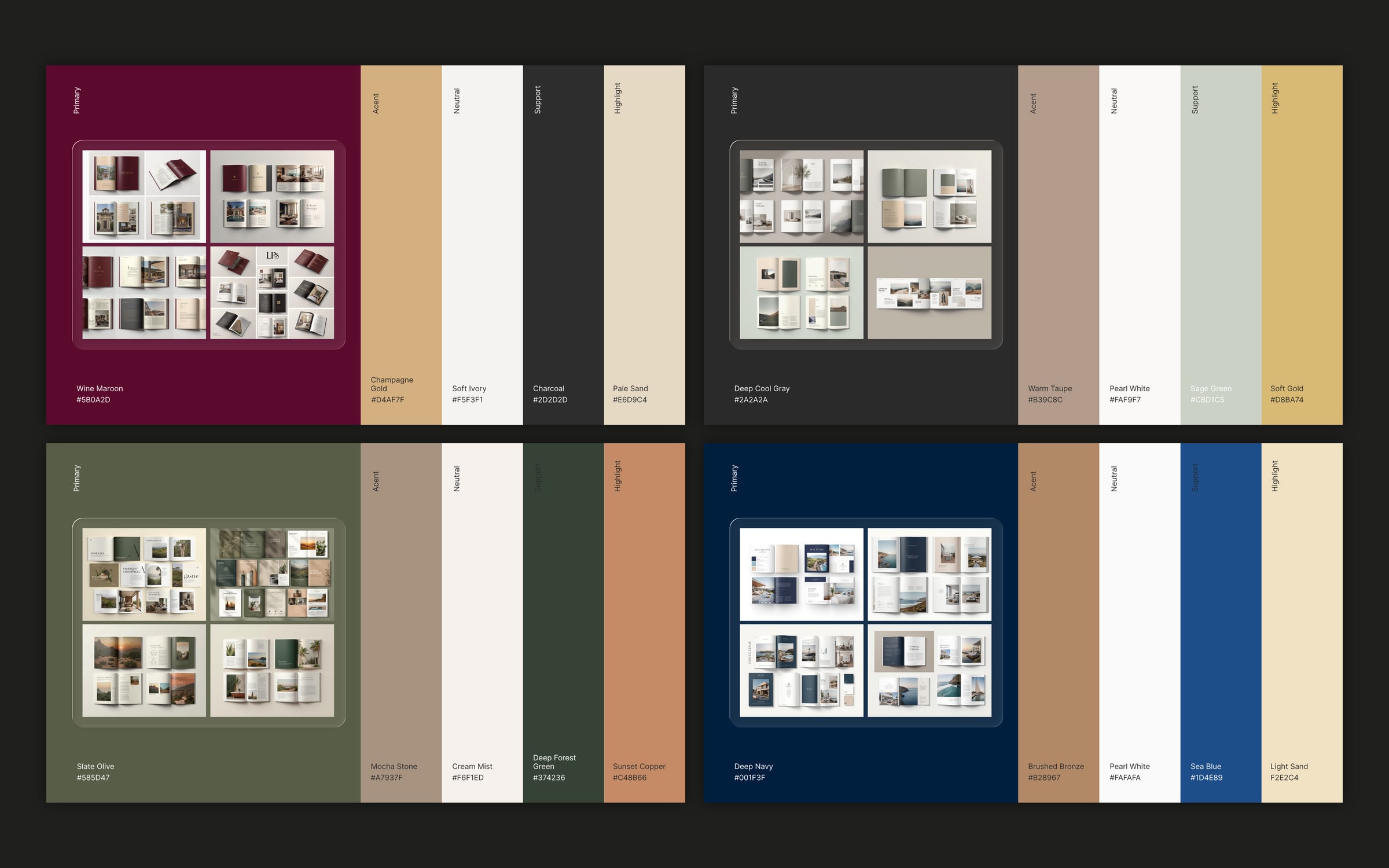 Four palette study pages on a dark plate, each a mocked brochure beside five colour bars: wine maroon, deep cool grey, slate olive and deep navy