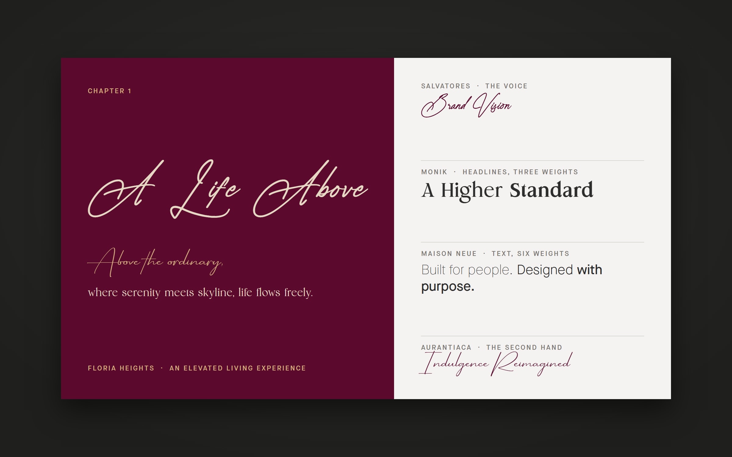 A type specimen: A Life Above in script on a wine panel, and on an ivory panel samples of Salvatores, Monik, Maison Neue and Aurantiaca with their roles