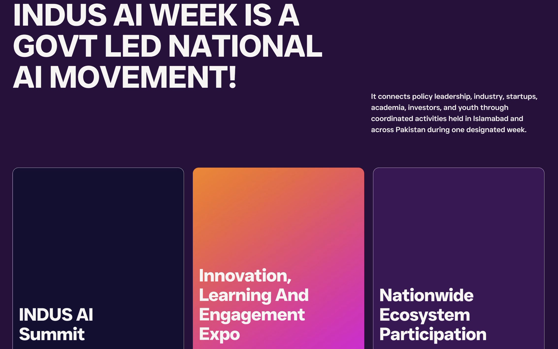 Three cards reading Indus AI Summit, Innovation Learning And Engagement Expo, and Nationwide Ecosystem Participation, each with a venue and an arrow