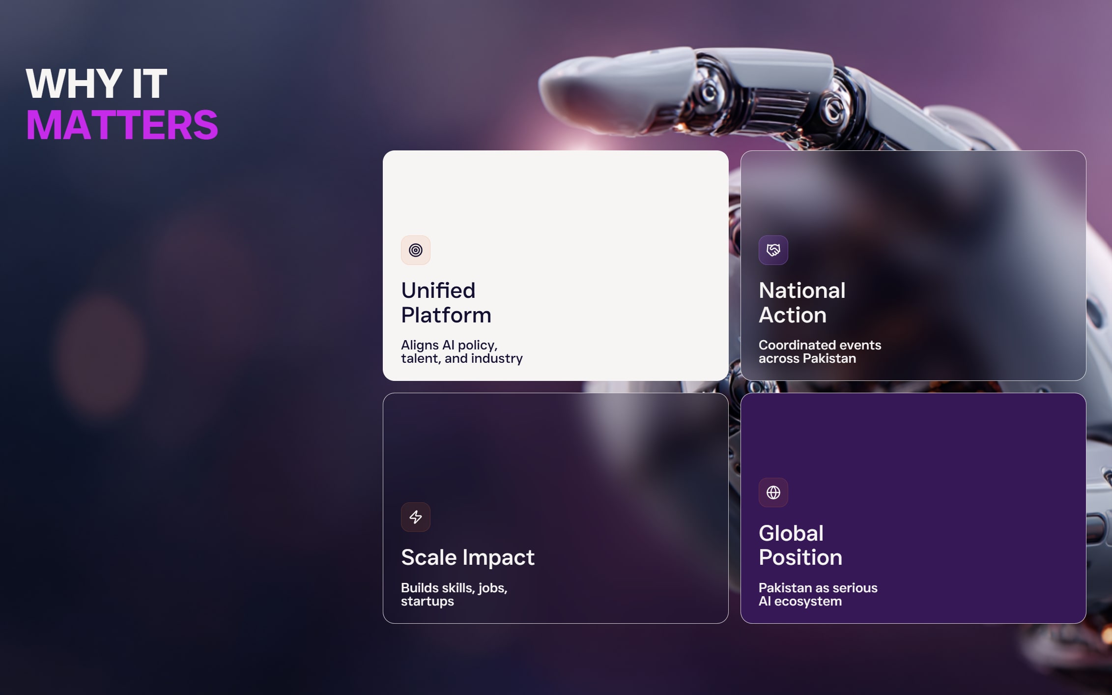 The Why It Matters section: four cards reading Unified Platform, National Action, Scale Impact and Global Position over a robotic hand