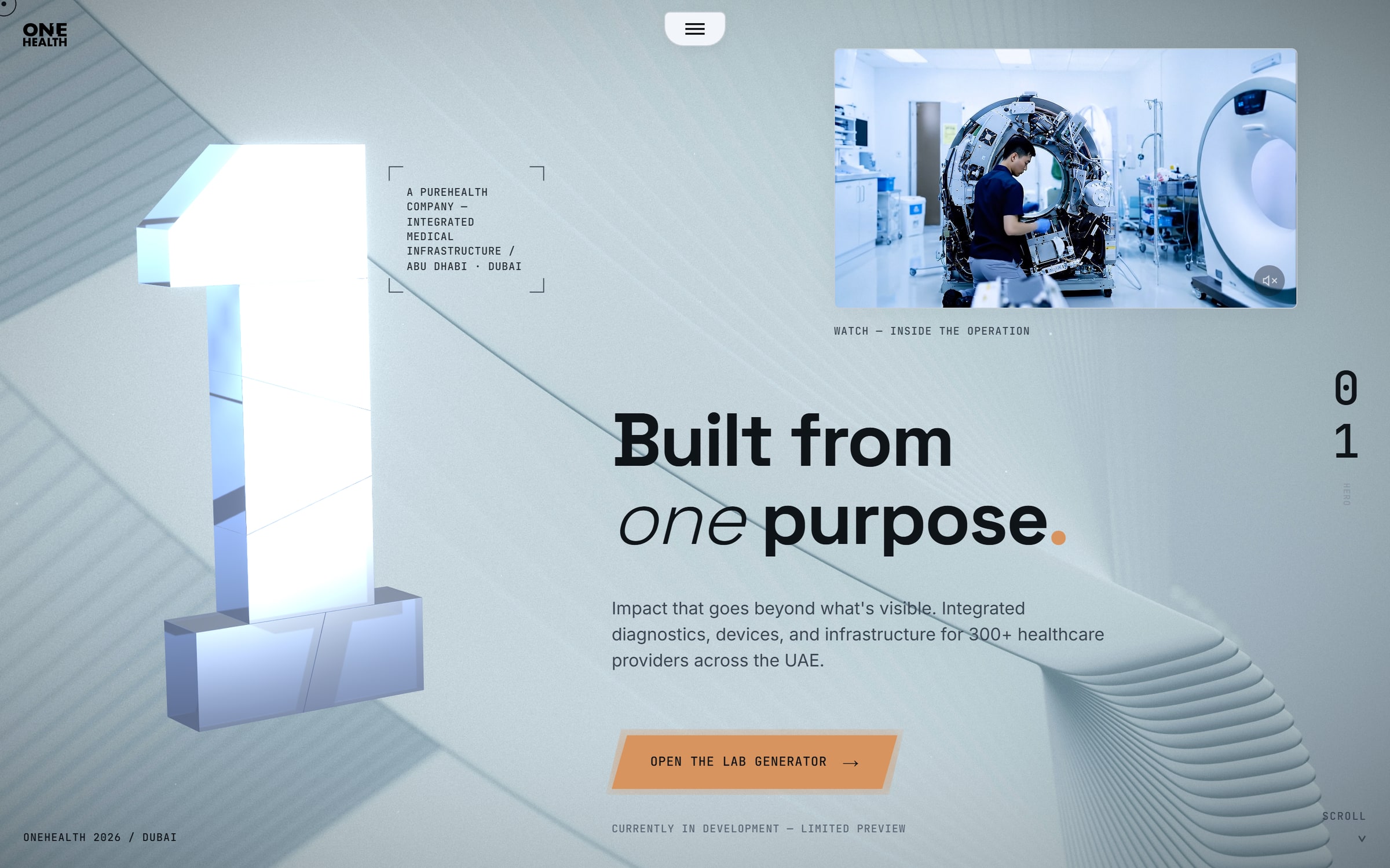 The first screen: a large three-dimensional numeral one on the left, the headline Built from one purpose, a photograph of an MRI suite top right, and an orange button