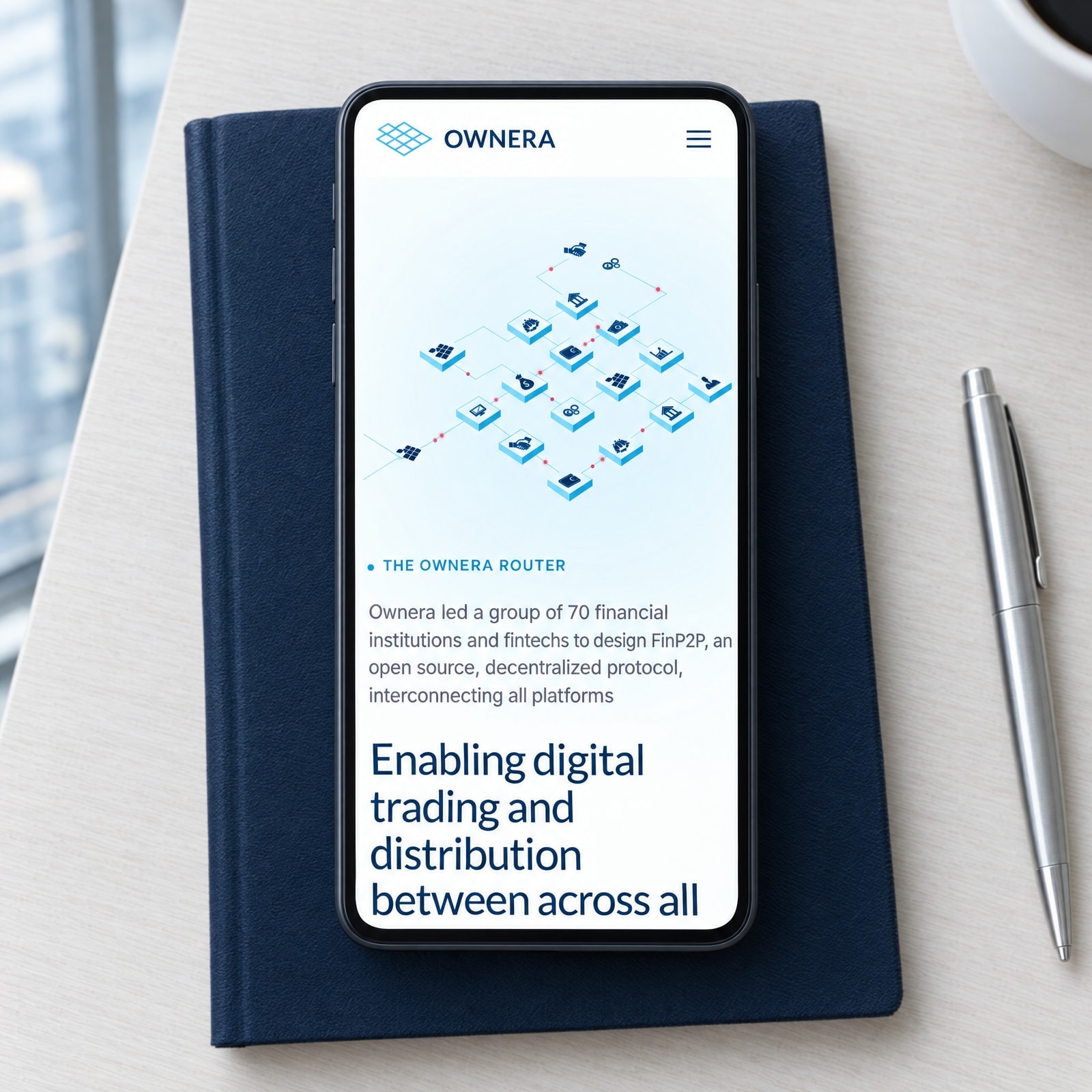 The Ownera Product page on a phone lying on a navy notebook, photographed from above, the isometric network at the top of the screen