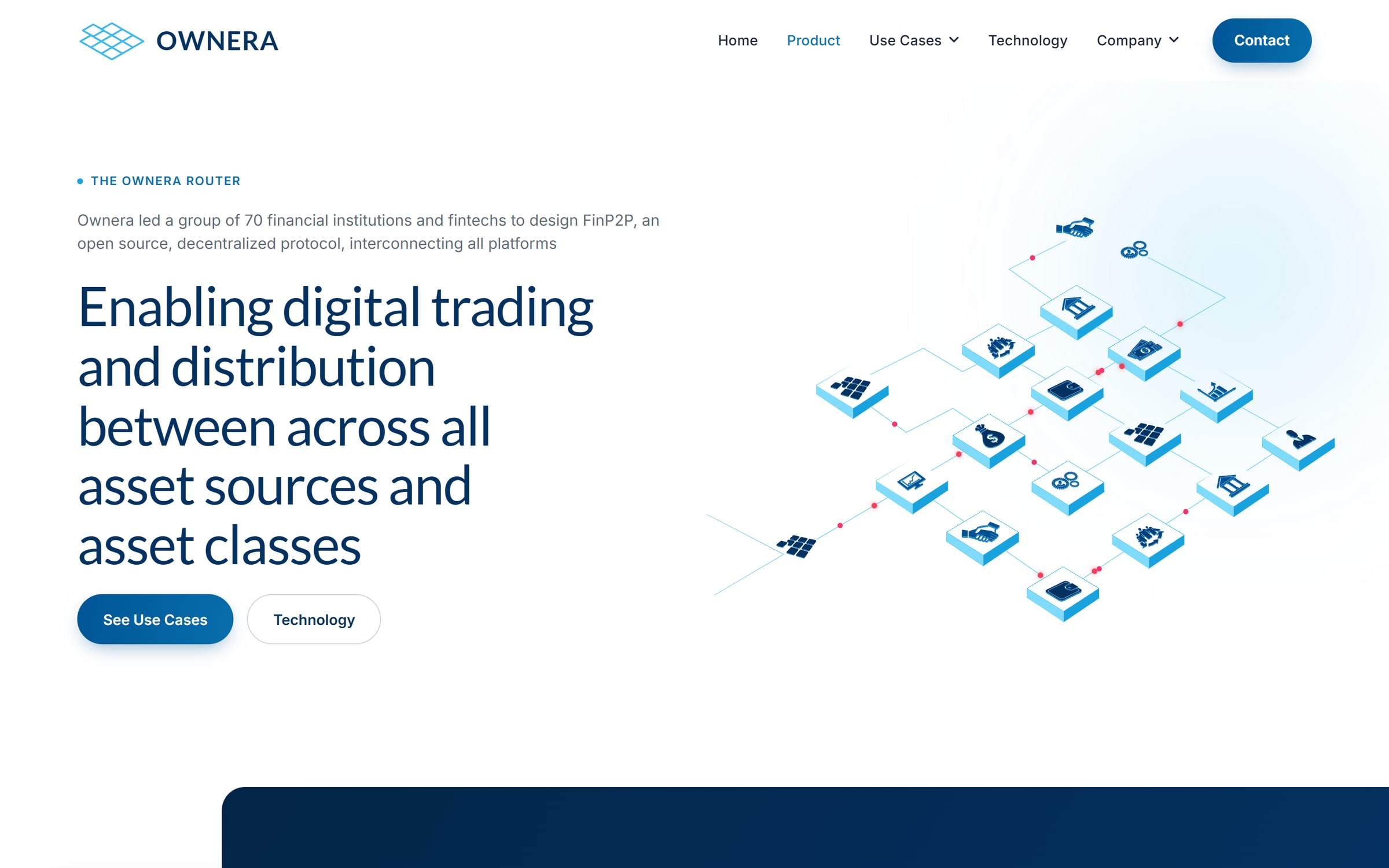 The Product page: a long headline on the left, an isometric network of connected ledger tiles on the right, four white feature cards over a navy band below
