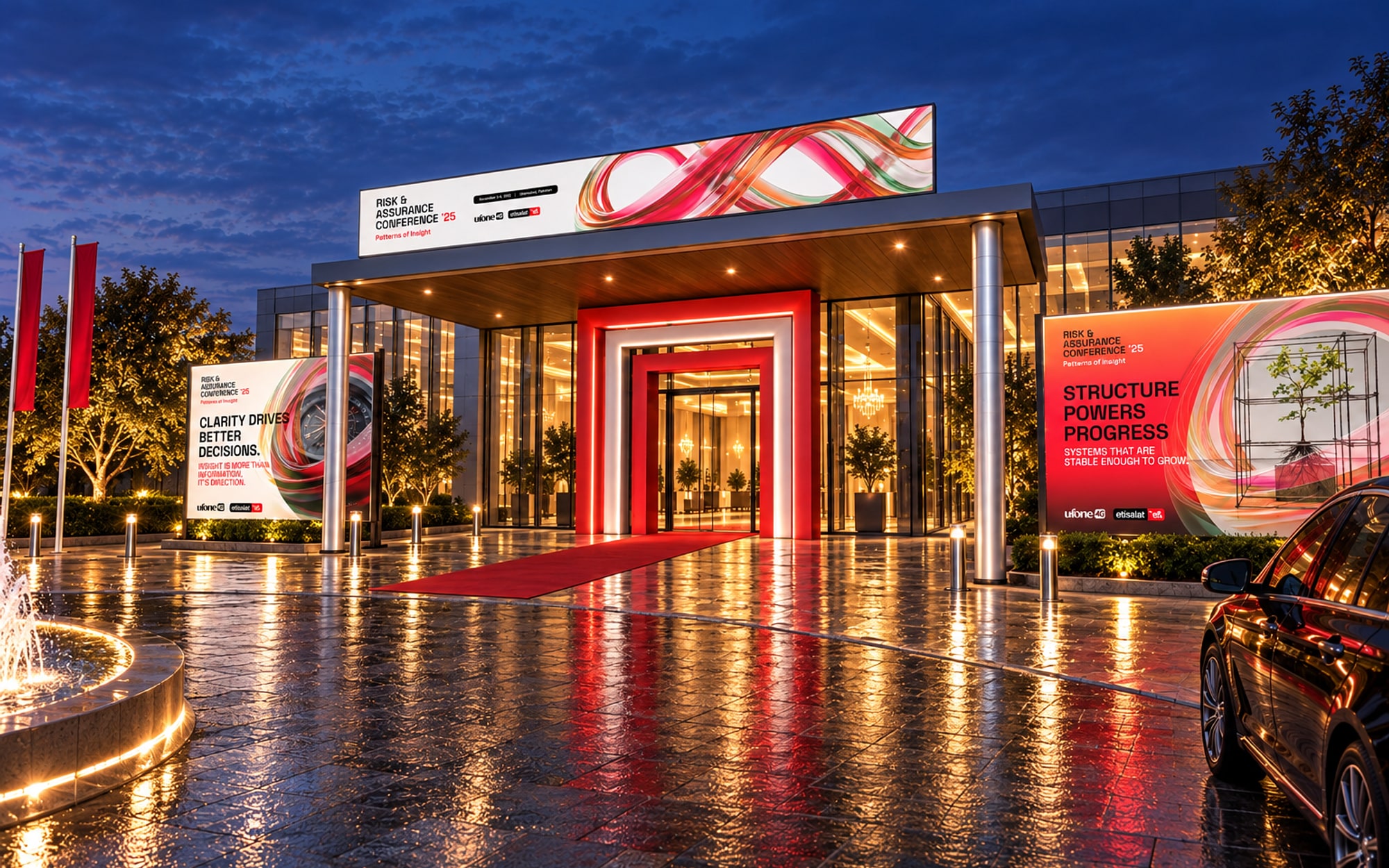 The entrance of a glass-fronted convention centre at dusk: a long banner with the conference title and ribbon along the top of the canopy, a red and white portal at the doors, two large lit panels, red flags, a red carpet on wet paving