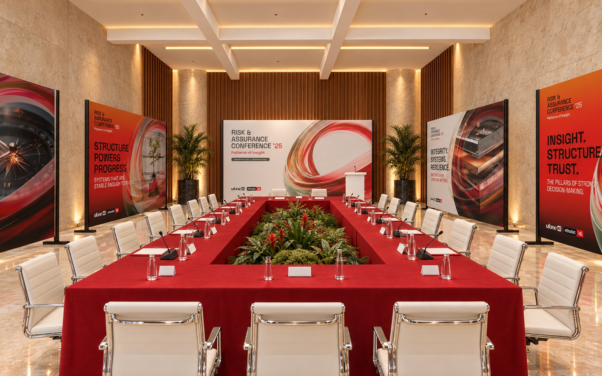 A boardroom laid as a long hollow table with red cloths and green planting down the centre, white chairs around it, the key visual at the far end and panels on frames along both sides