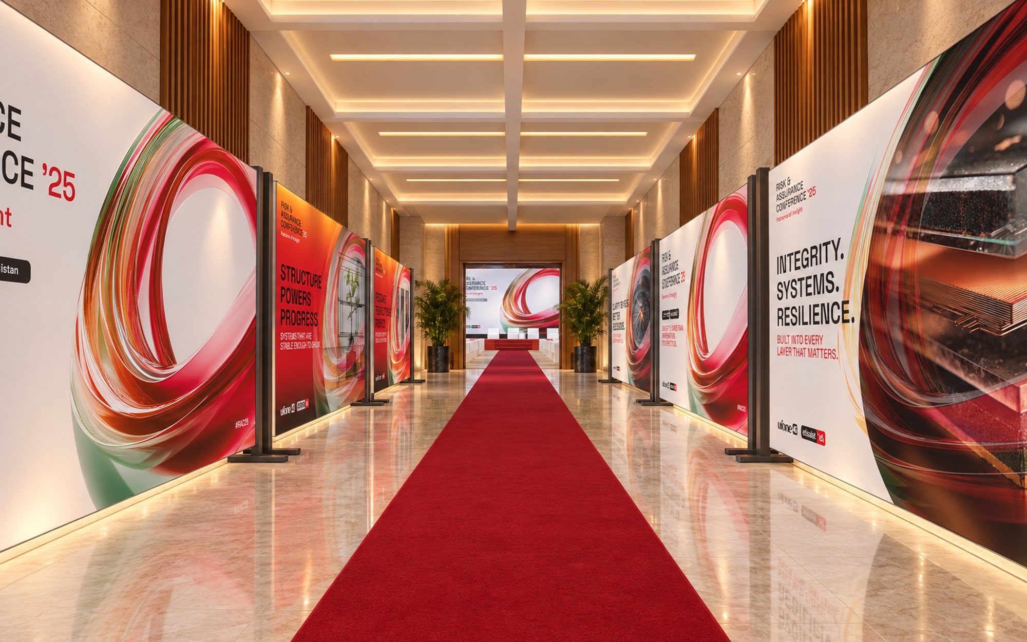 A long corridor with a red carpet down the centre and backlit branding panels standing on frames along both walls, the hall doors at the far end