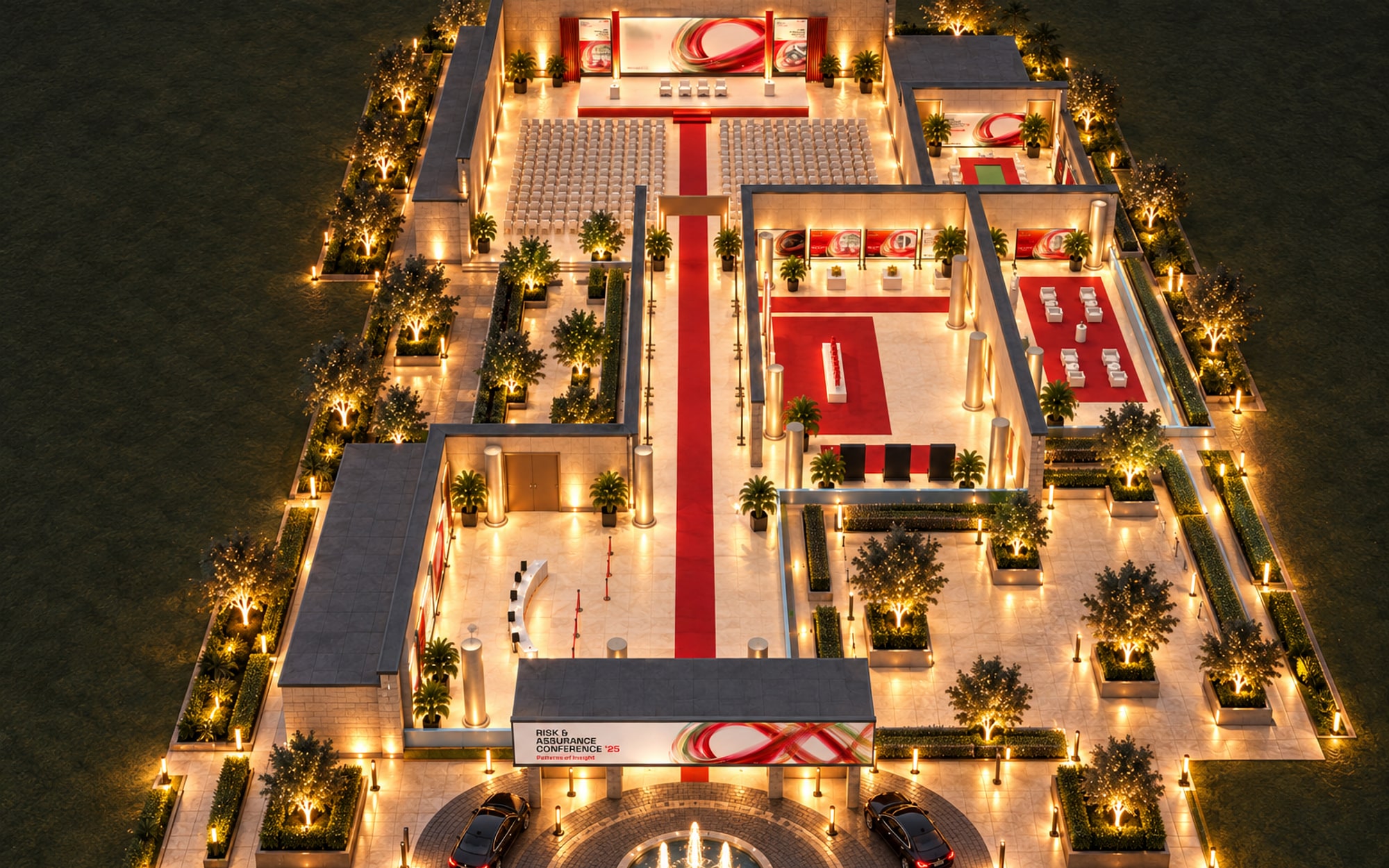 The venue from above the entrance, looking along the red carpet to the stage, the registration lobby on the left and the foyer and lounge on the right