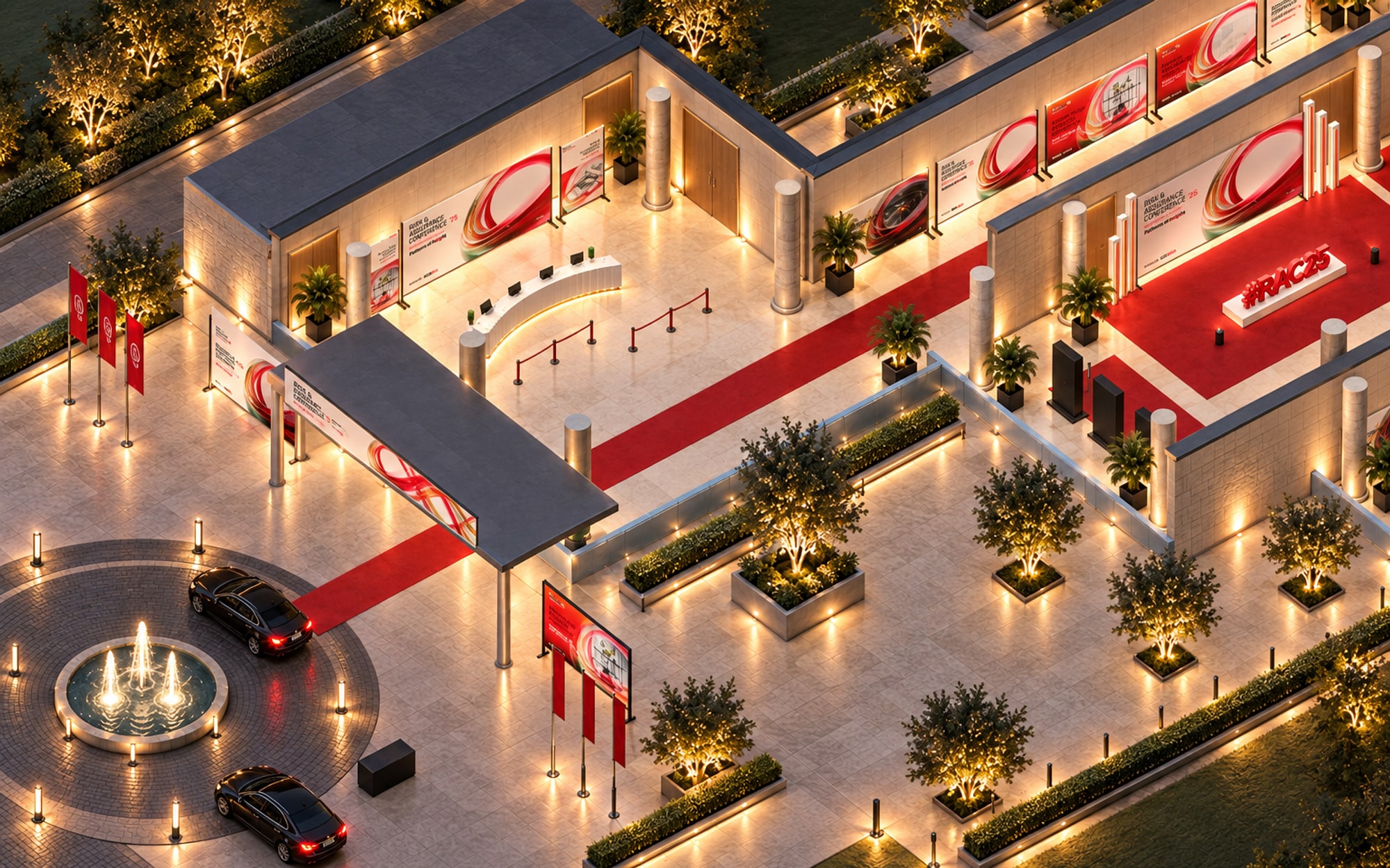 A close view from above of the drop-off, the entrance canopy with its banner, the registration lobby and the foyer with the media wall, roof removed