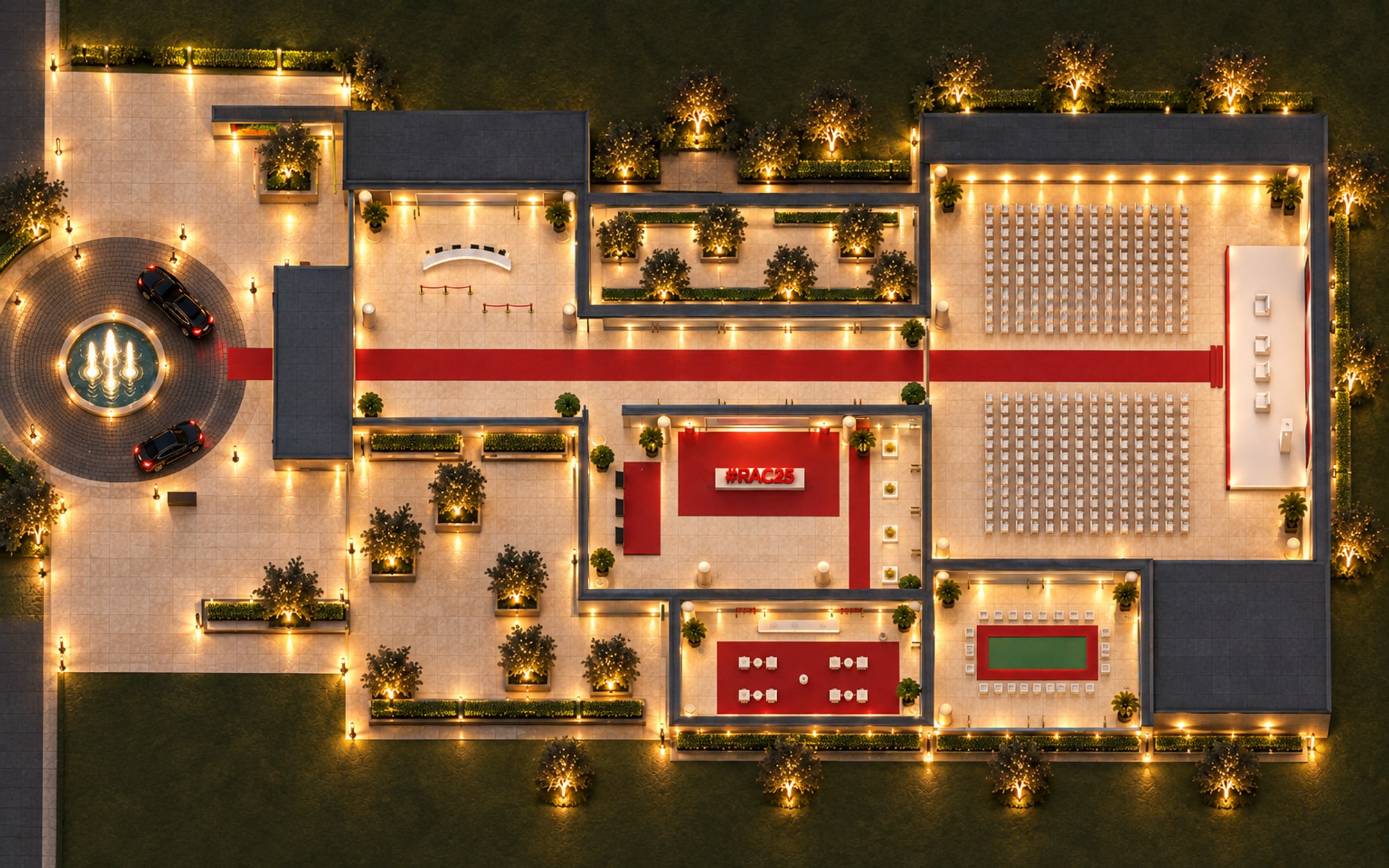 A plan of the venue seen from directly above with the roof removed: one red carpet from the drop-off through the lobby and concourse to the stage, the foyer, lounge and boardroom to one side