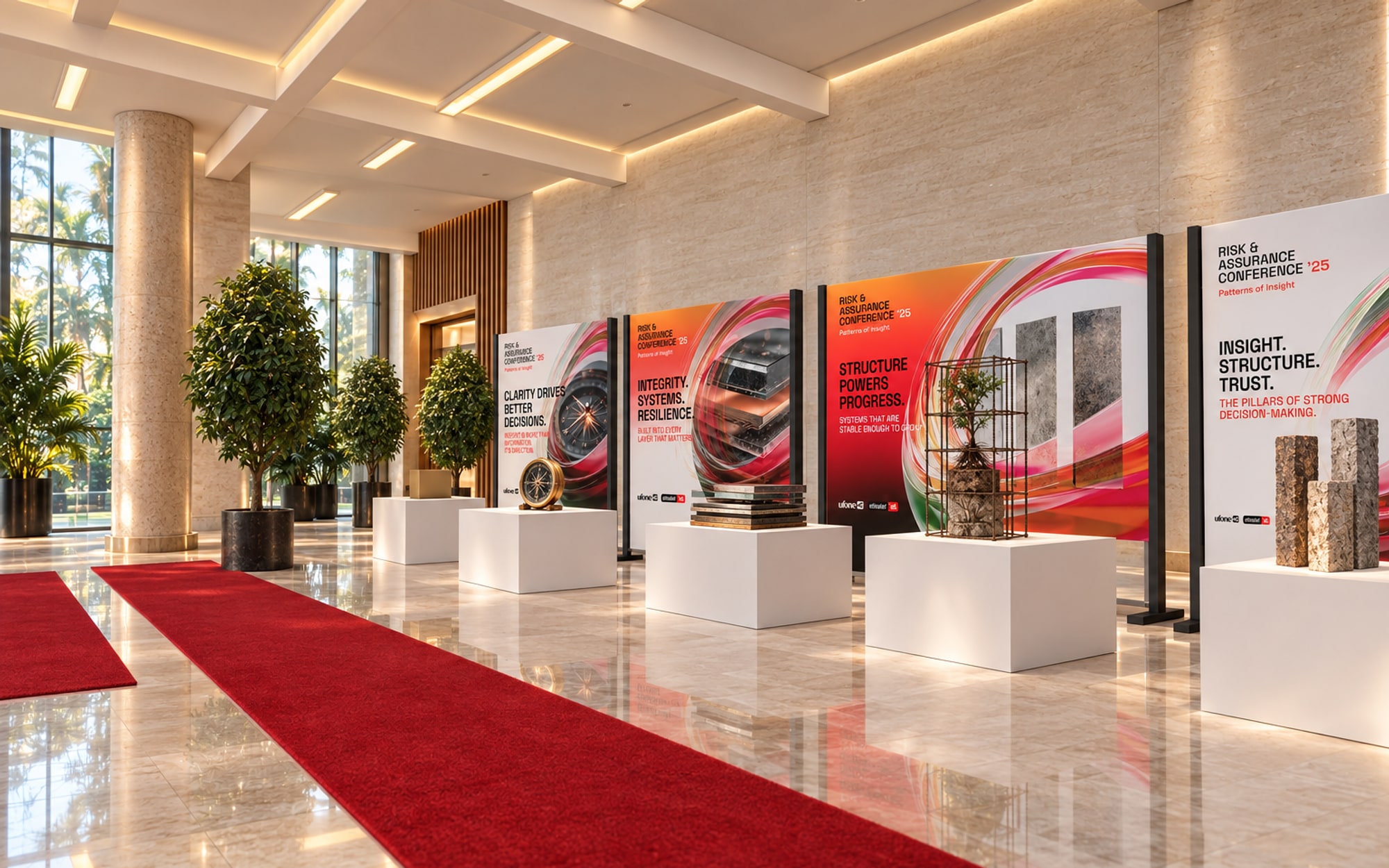 Four white plinths in a foyer, each holding an object in front of its matching printed panel: a brass compass, a stack of plates, a small tree in a steel frame and stone pillars