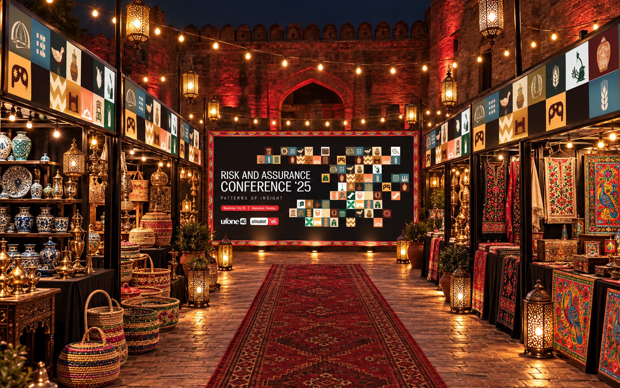 A lane of small craft stalls inside the fort, pottery, brass and textiles under lanterns, a strip of motif tiles along each stall