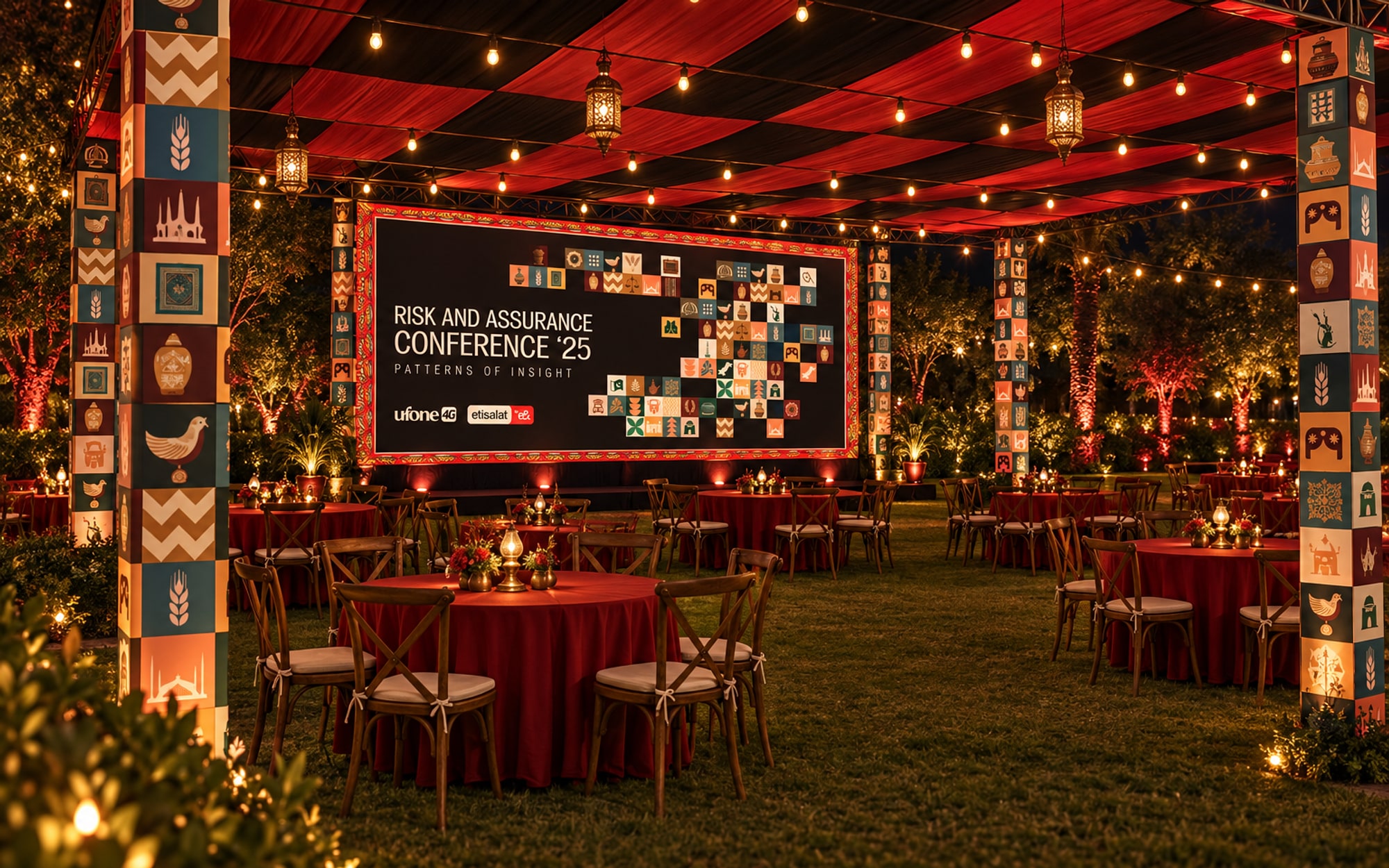 Round tables with red cloths under an open canopy of red and black chequered fabric, lamps on every table, tile-wrapped posts