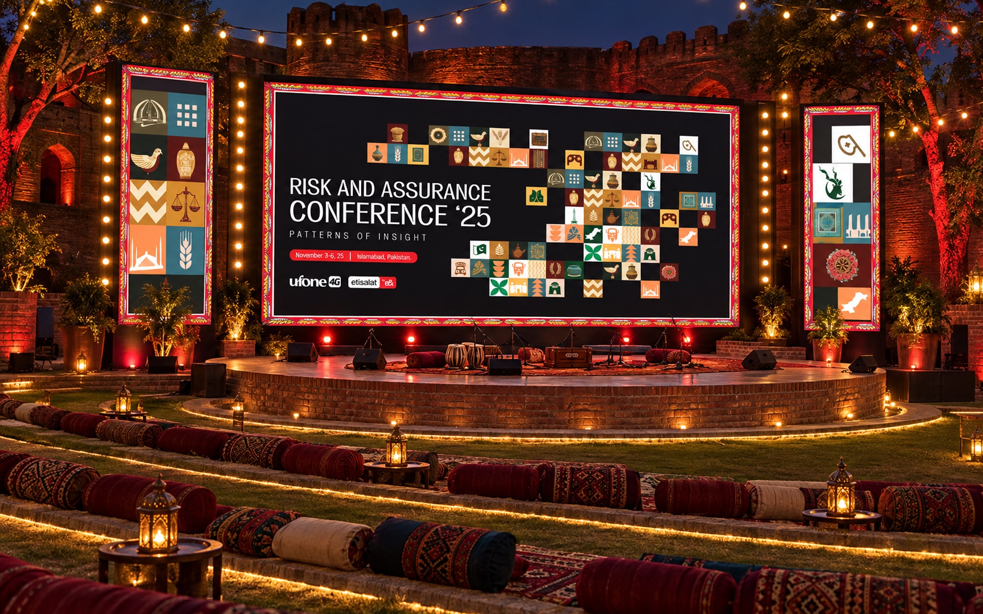 The cultural night stage in a fort courtyard: the key visual on a wide screen between two tile panels and columns of warm bulbs, floor cushions and bolsters on grass terraces in front