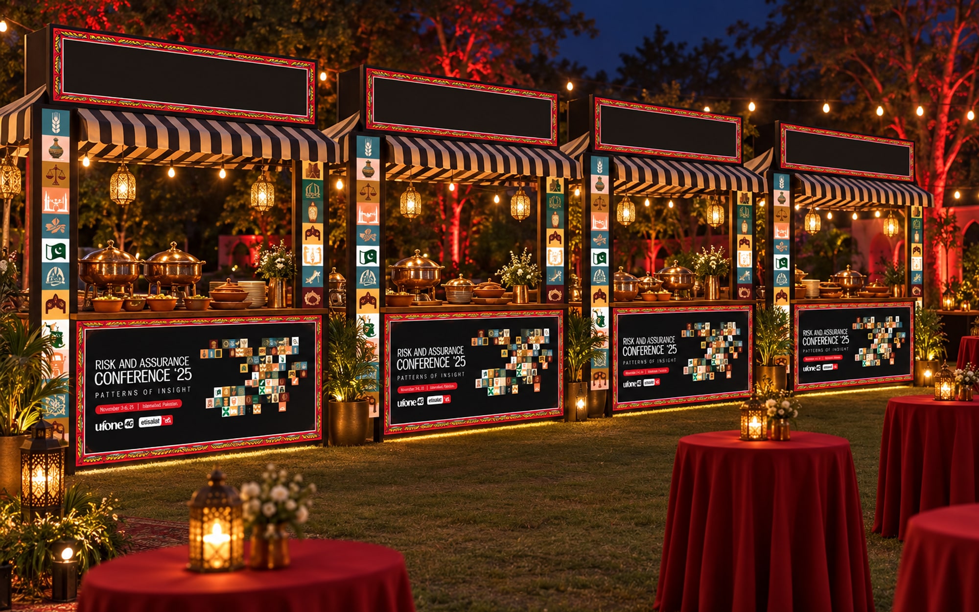 Four food stalls in a row on a lawn at night, each with a striped canopy, tile columns and the key visual on its counter front
