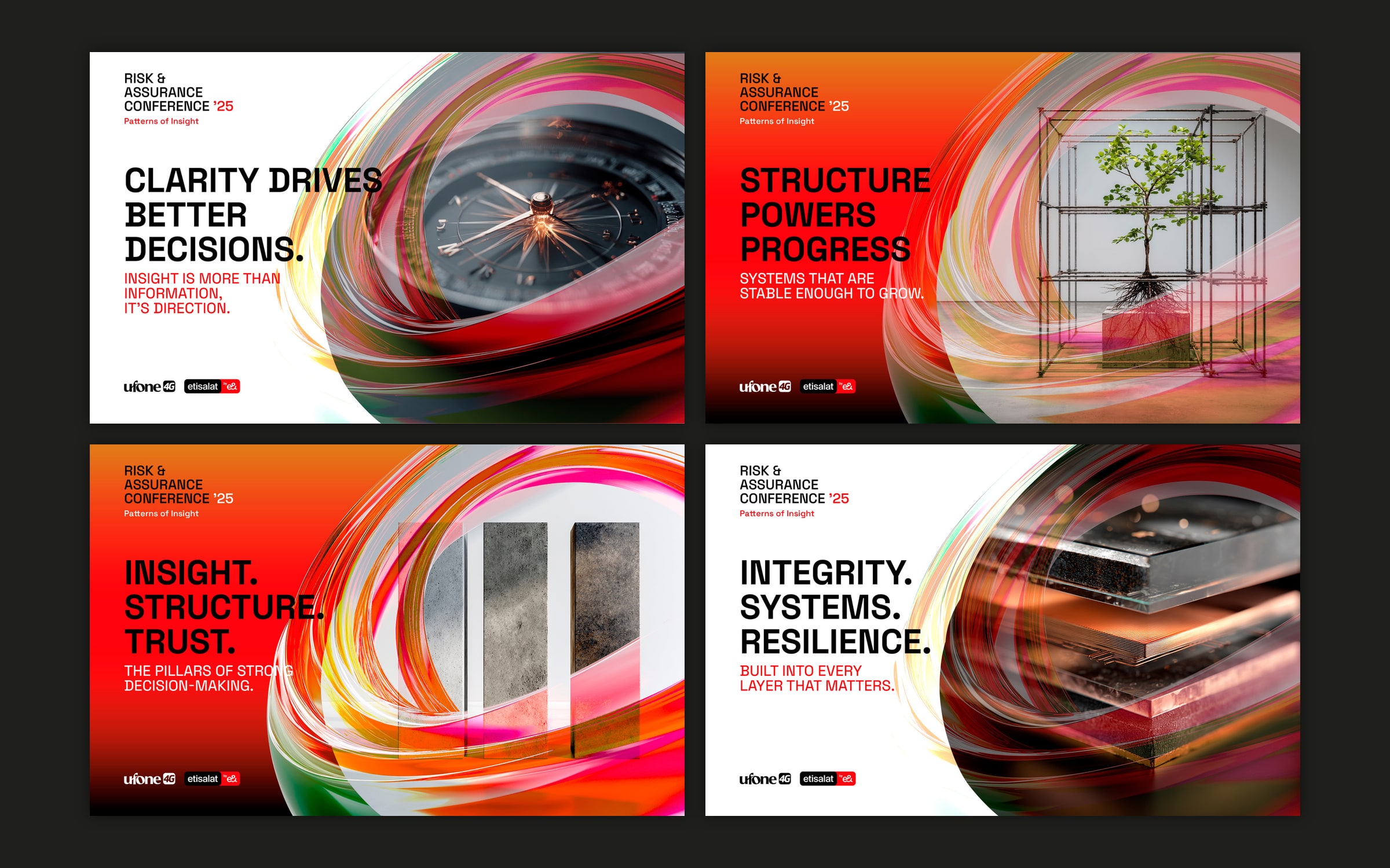 Four branding panels on a dark plate, each with a short line and an object inside the ribbon: a compass, a tree in a steel frame, three stone pillars, a stack of glass and copper plates