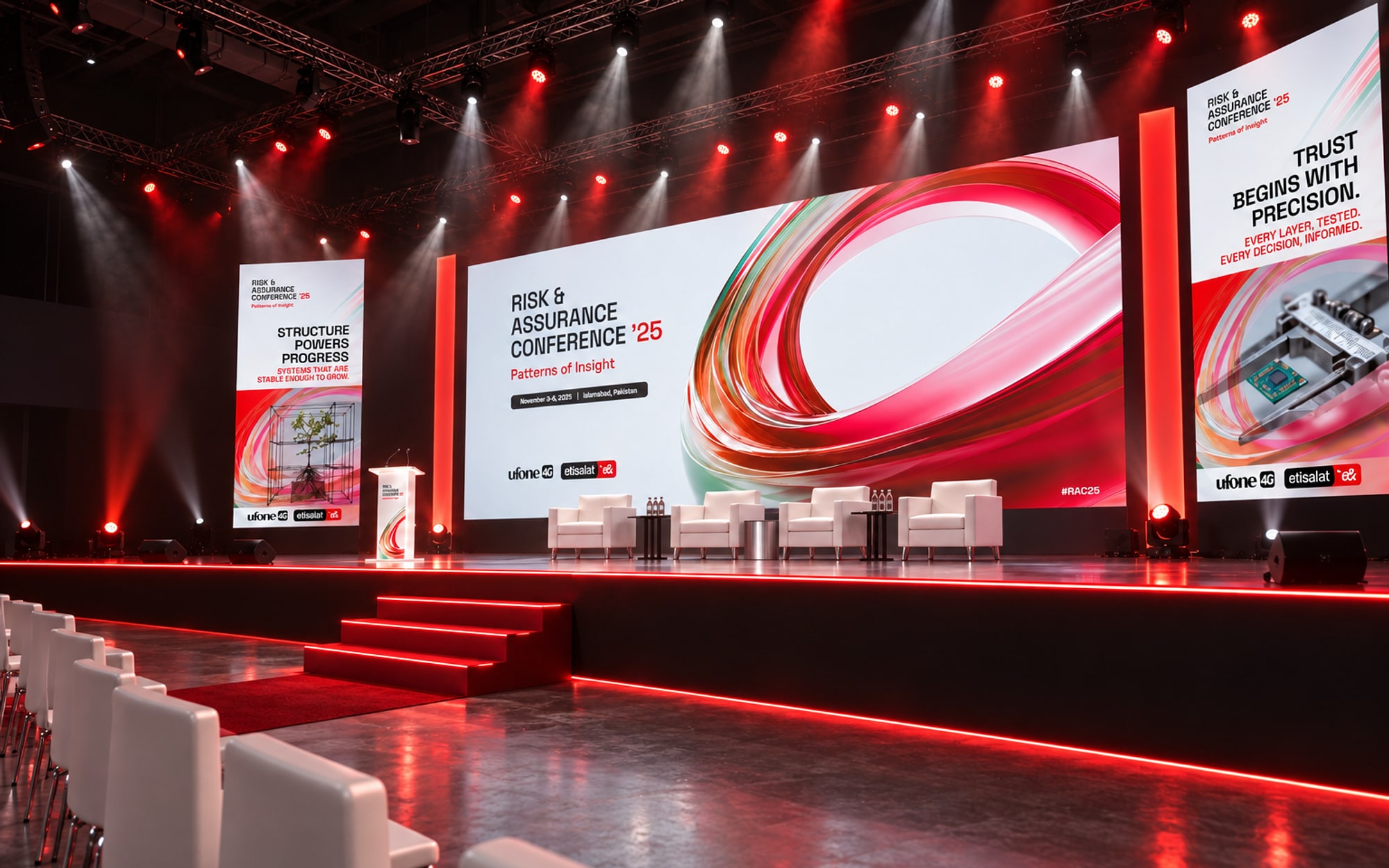 The stage set for a panel discussion, seen from the front rows: four white armchairs and a lectern in front of the key visual, a red light along the stage edge