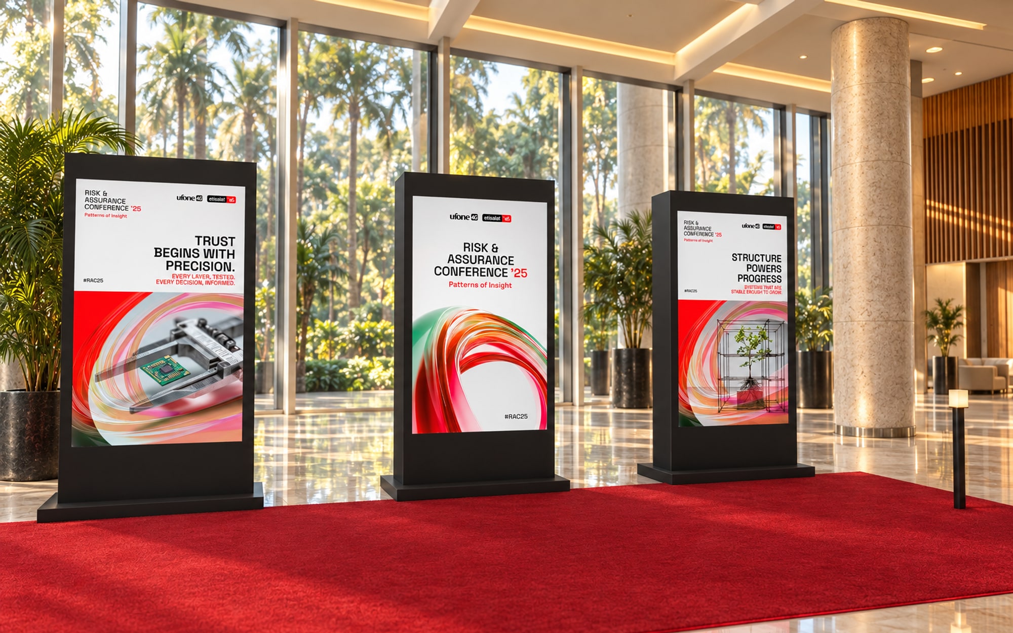 Three tall digital totems on a red carpet in front of a glass wall, showing the title panel between Trust Begins With Precision and Structure Powers Progress