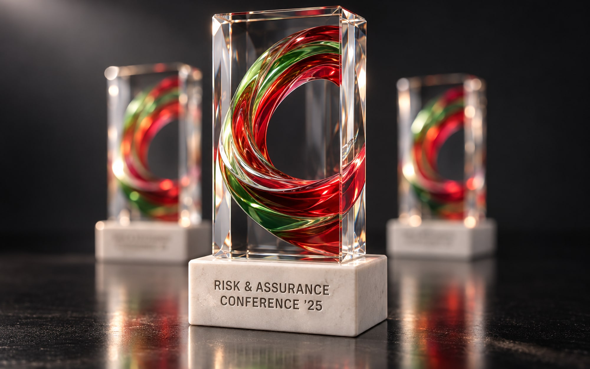 A crystal block trophy with a loop of red and green glass cast inside it, on a white stone base engraved Risk & Assurance Conference '25, two more behind it