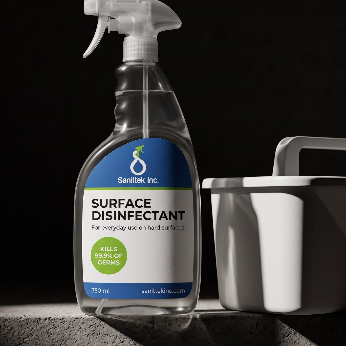 A Sanittek surface disinfectant spray bottle beside a white cleaning caddy on a concrete ledge.