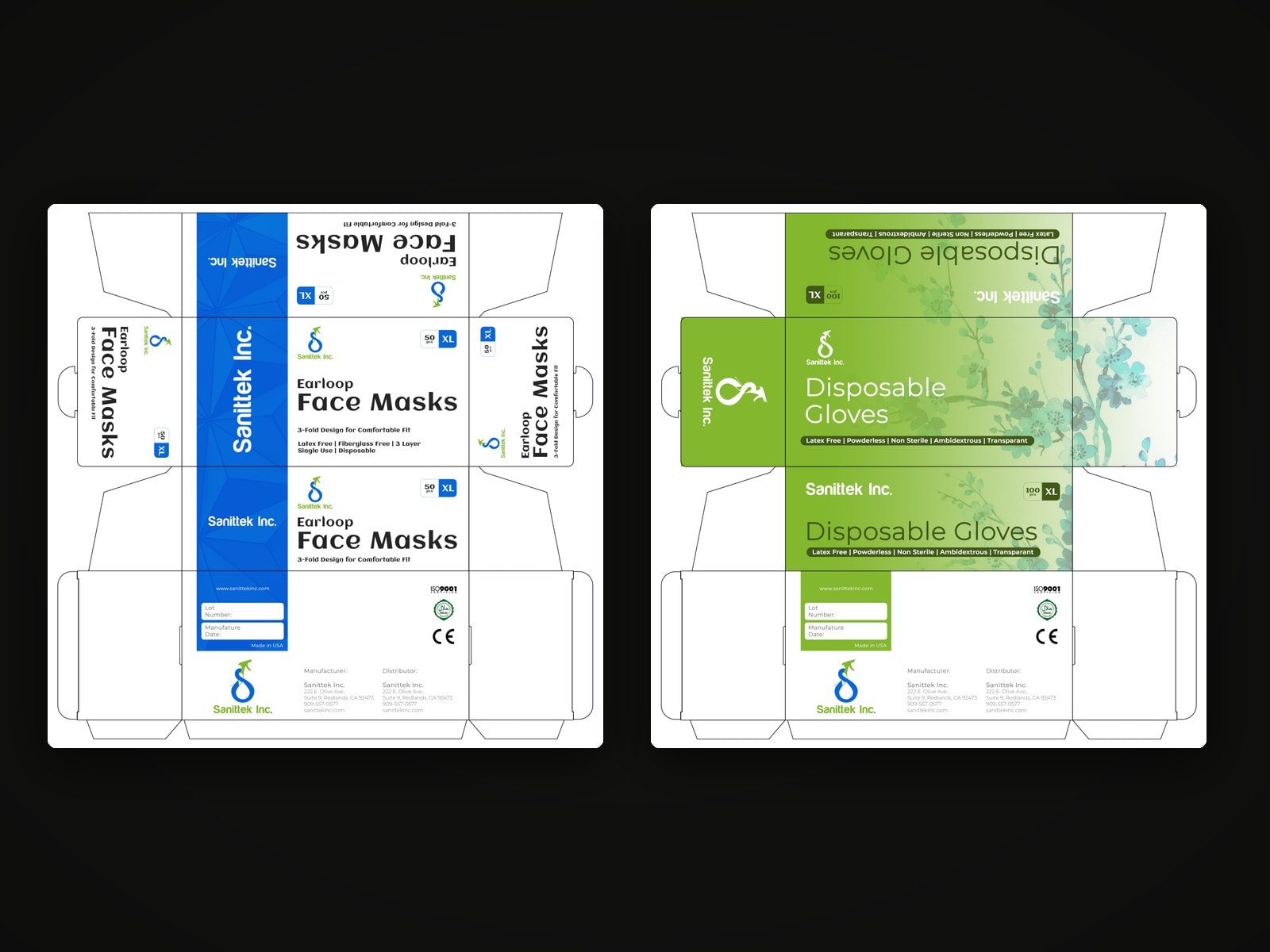 Flat die-cut layouts for the Sanittek mask and glove cartons, with lot number, CE and ISO panels.