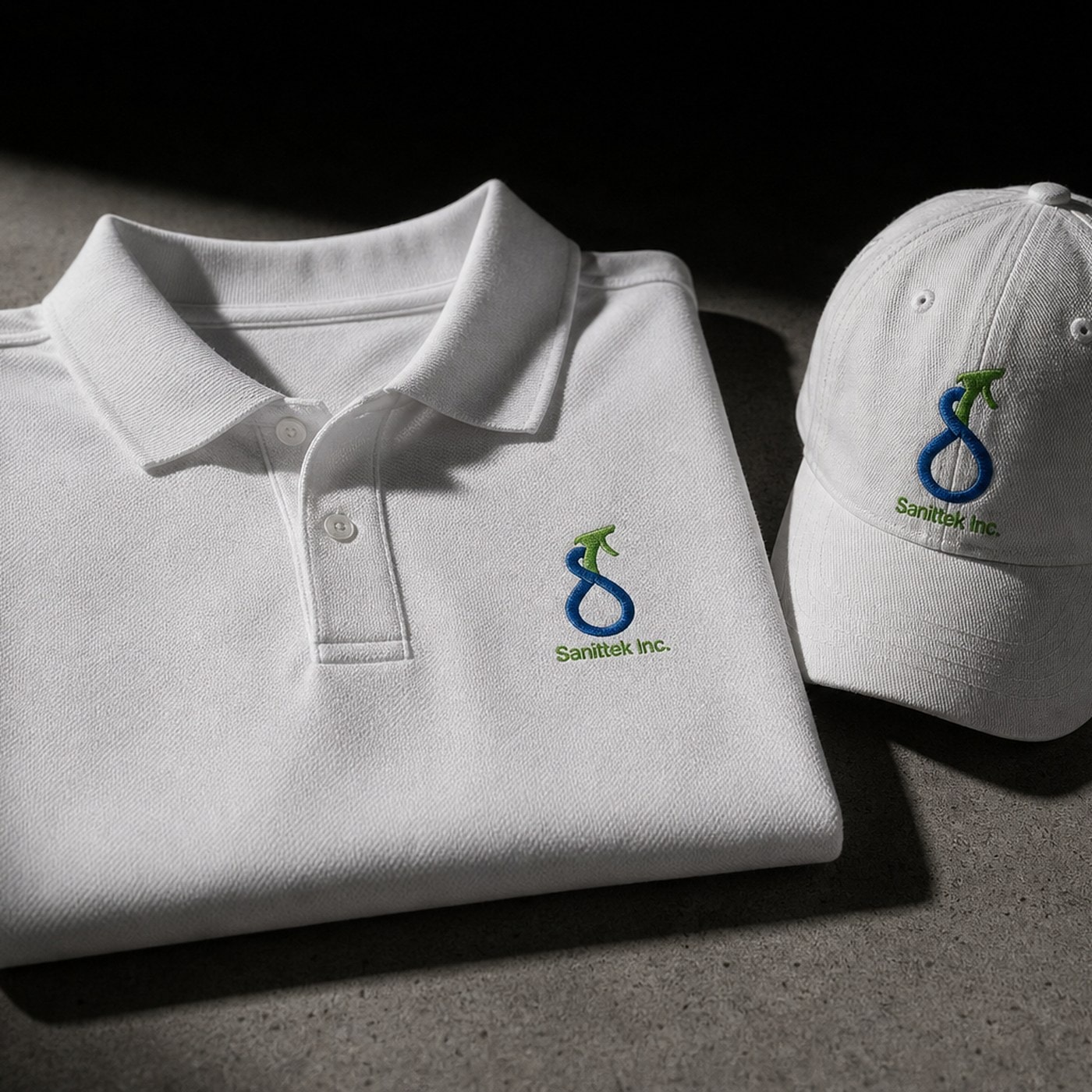 A white polo shirt and cap carrying the embroidered Sanittek logo, folded on concrete.