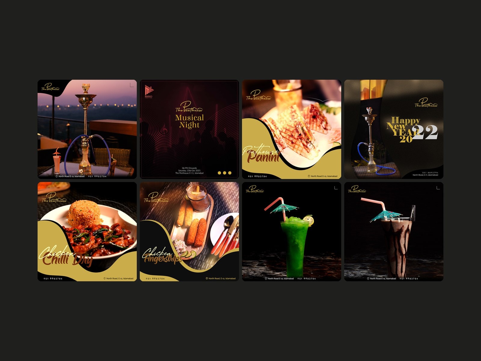 Eight posts from The Penthouse's 2021 feed arranged in a grid, each in a different visual style.