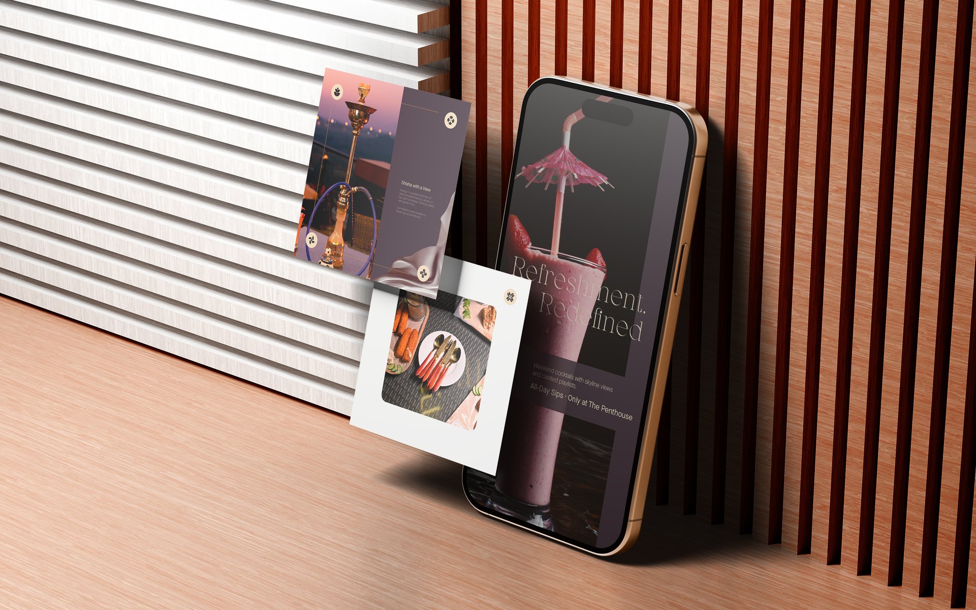 A phone and two printed cards from The Penthouse system, propped against a slatted wood wall.
