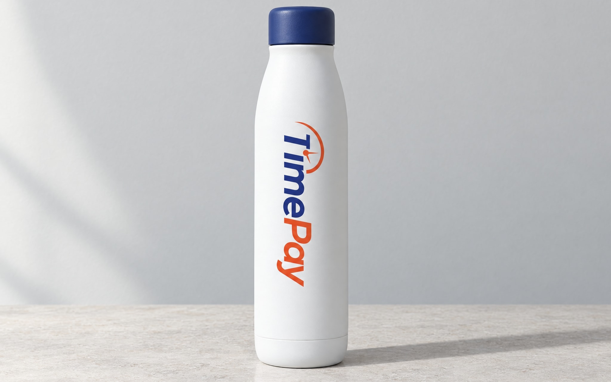 A matte white steel bottle with a navy cap, the logotype printed vertically along it