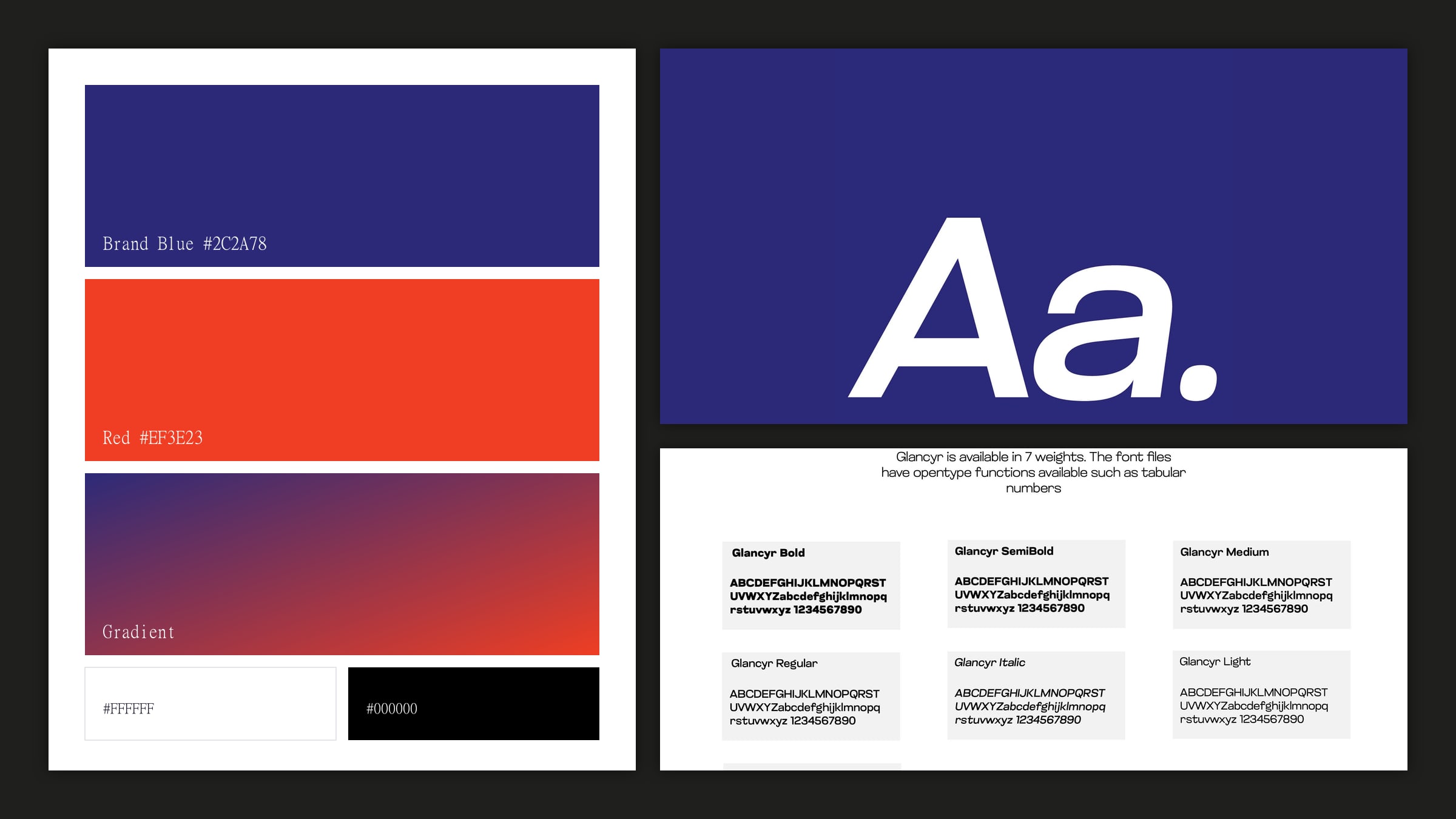The colour system beside the type: navy, red-orange, the gradient, white and black on the left; the Glancyr Aa tile and its seven weights on the right