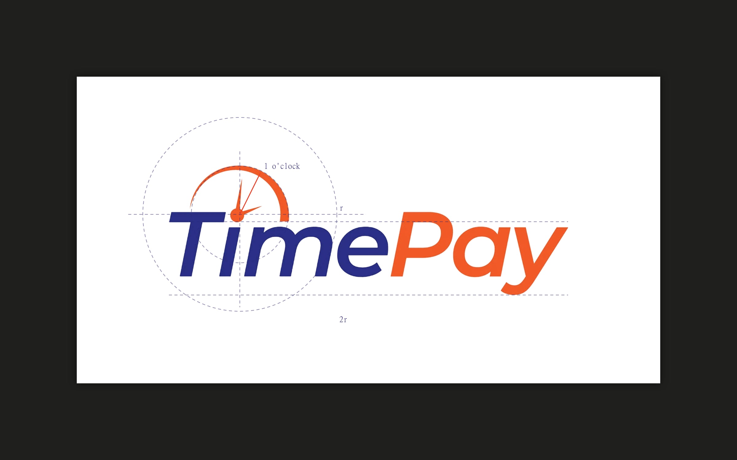 The logotype with its construction drawn over it: the dial's circle, a second circle at twice the radius, the baseline and the hand's angle at one o'clock