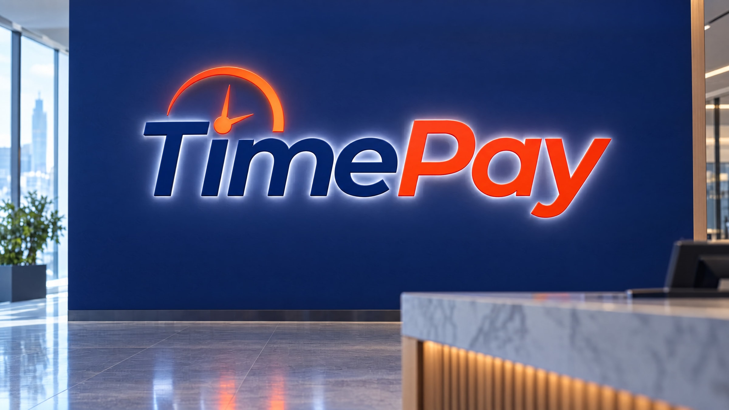 A backlit dimensional TimePay sign on a navy wall inside a payments hall, its glow reflected in the polished stone floor